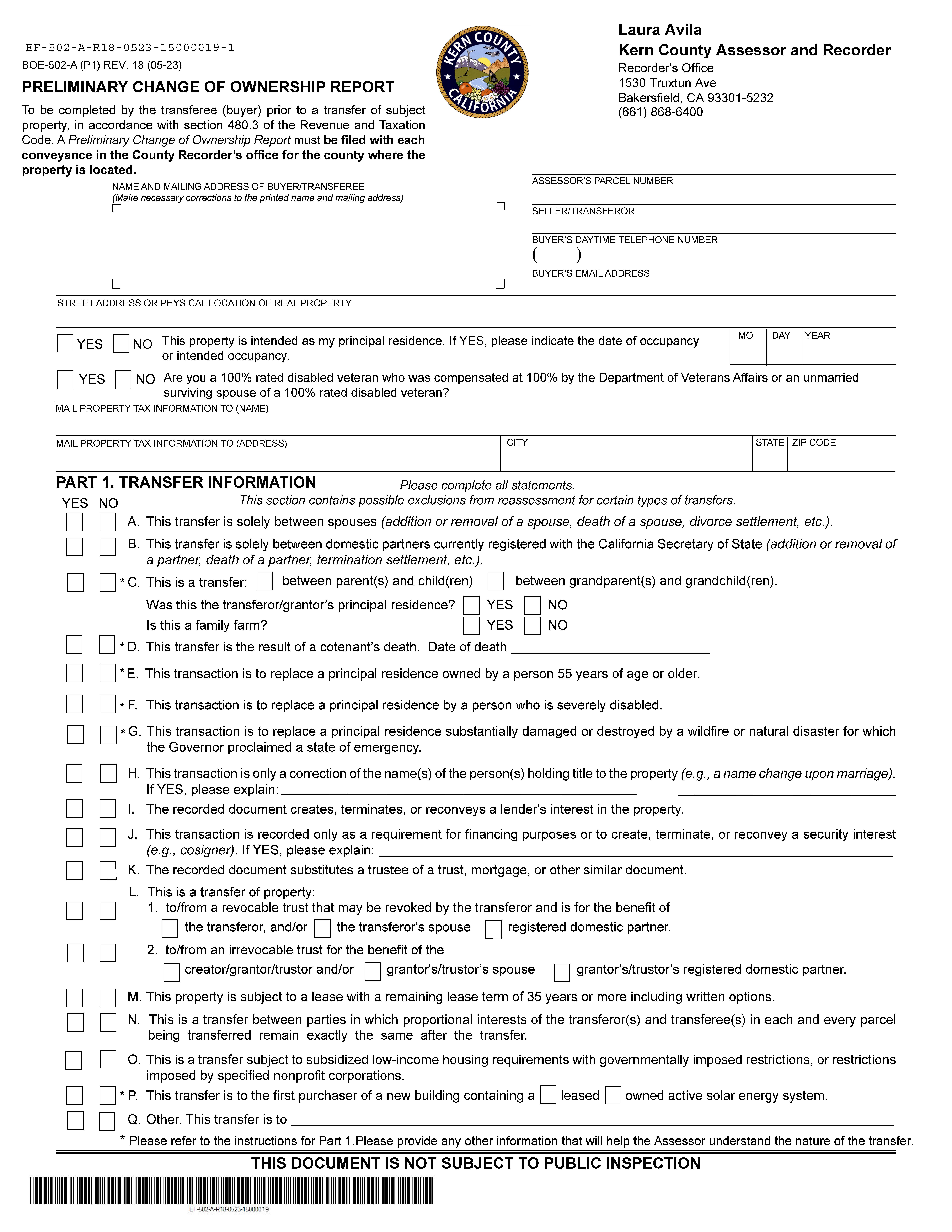 Preliminary Change Of Ownership Report (Kern) {BOE-502-A} | Pdf Fpdf Docx | California