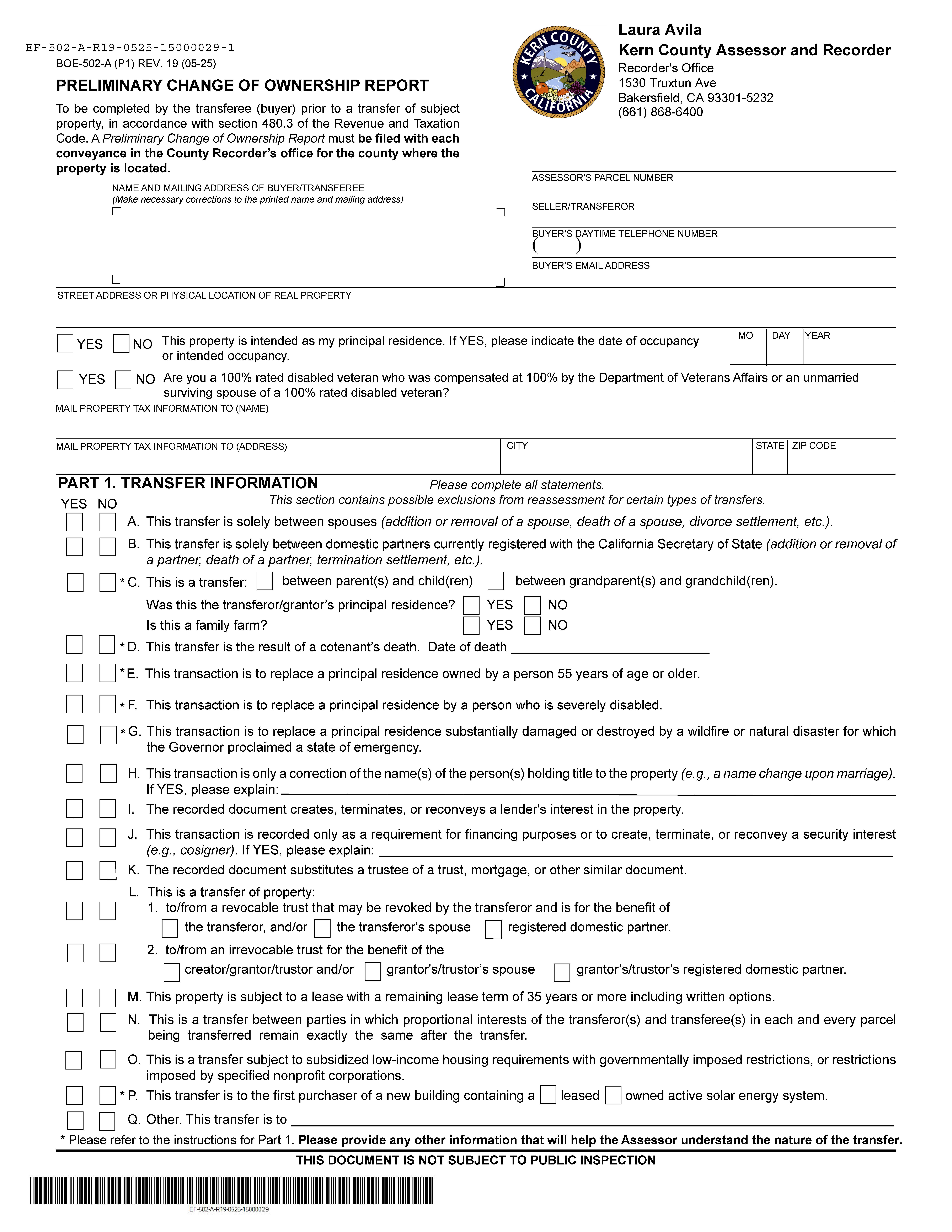 Preliminary Change Of Ownership Report (Kern) {BOE-502-A} | Pdf Fpdf Docx | California