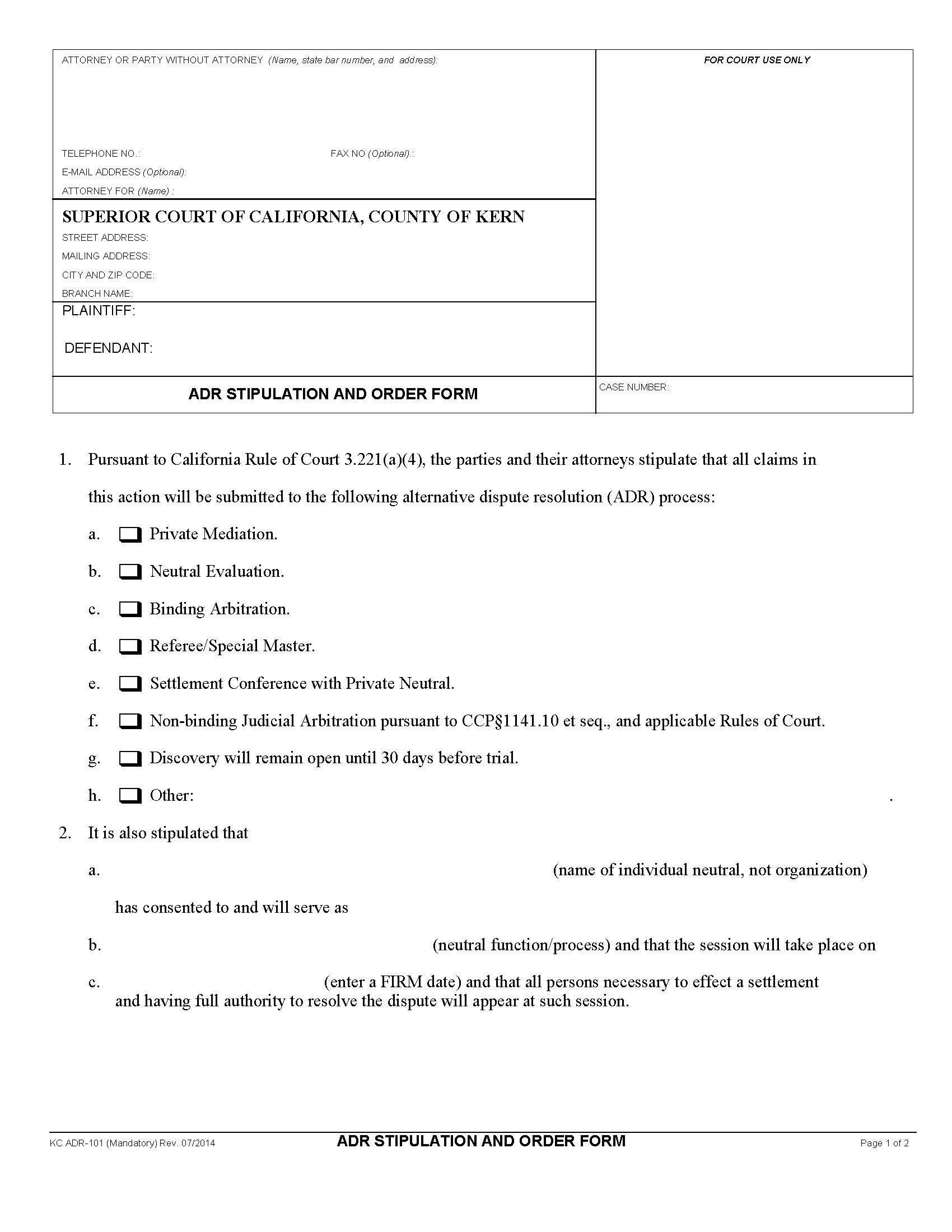 ADR Stipulation And Order Form {ADR-101} | Pdf Fpdf Docx | California