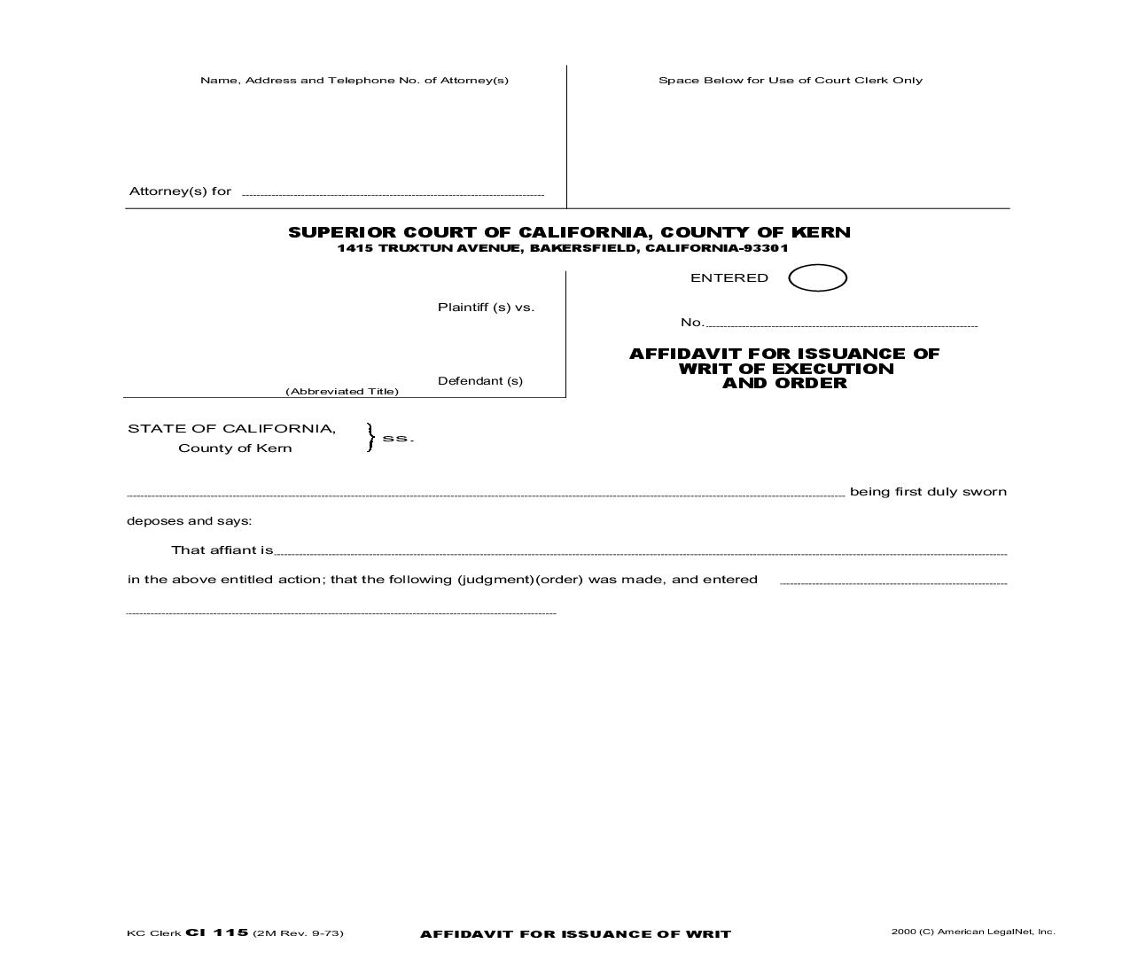 Affidavit For Issuance Of Writ Of Execution And Order {Ci 115} | Pdf Fpdf Doc Docx | California