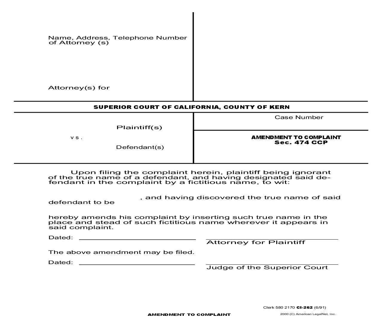 Amendment To Complaint Section 474 Ccp {Ci 262} | Pdf Fpdf Doc Docx | California