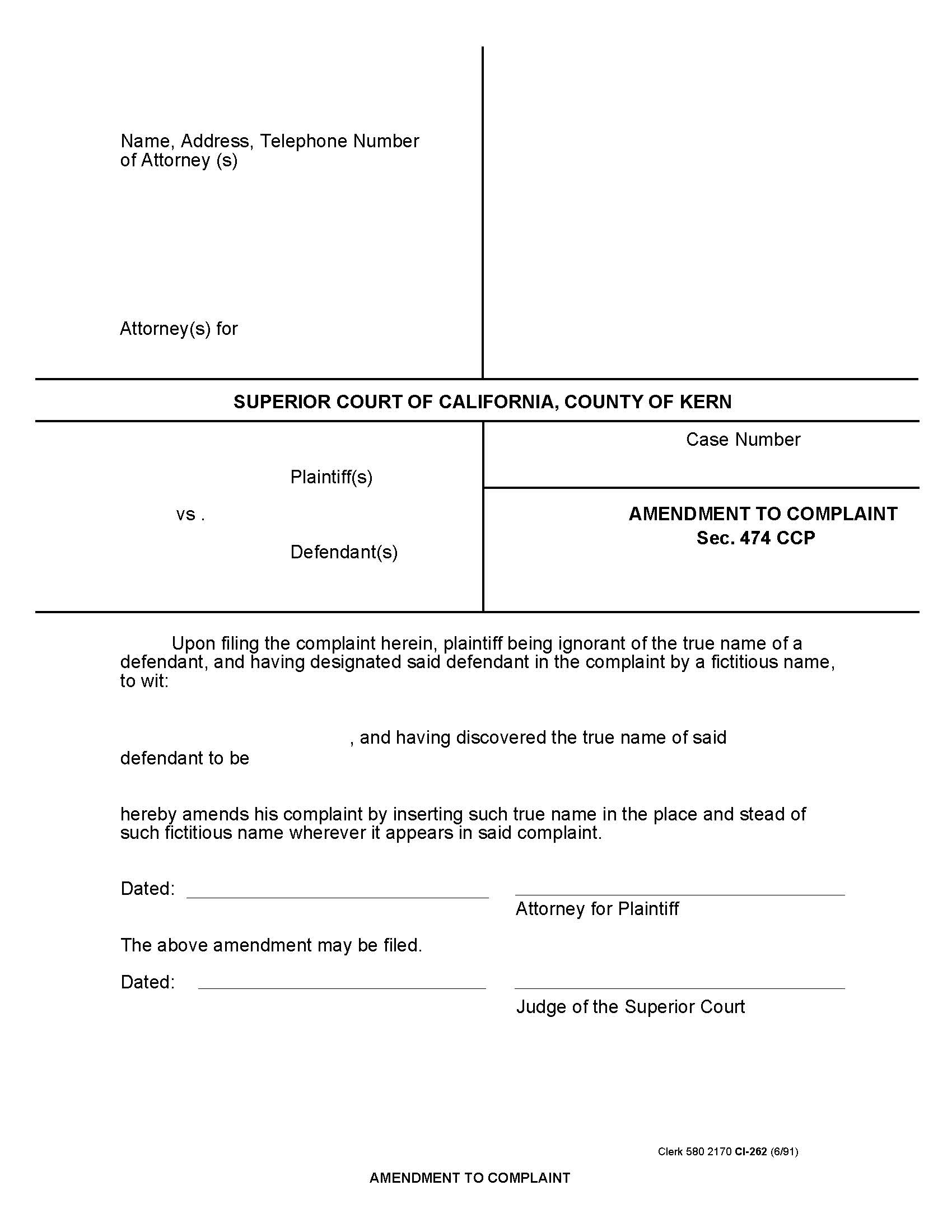 Amendment To Complaint Section 474 Ccp {Ci 262} | Pdf Fpdf Doc Docx | California