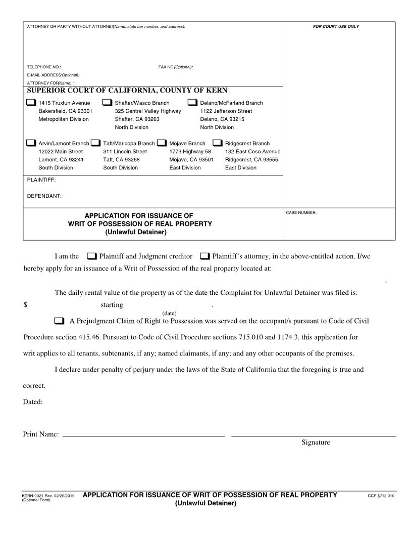 Application For Issuance Of Writ Of Possession Of Real Property {KERN-0021} | Pdf Fpdf Docx | California