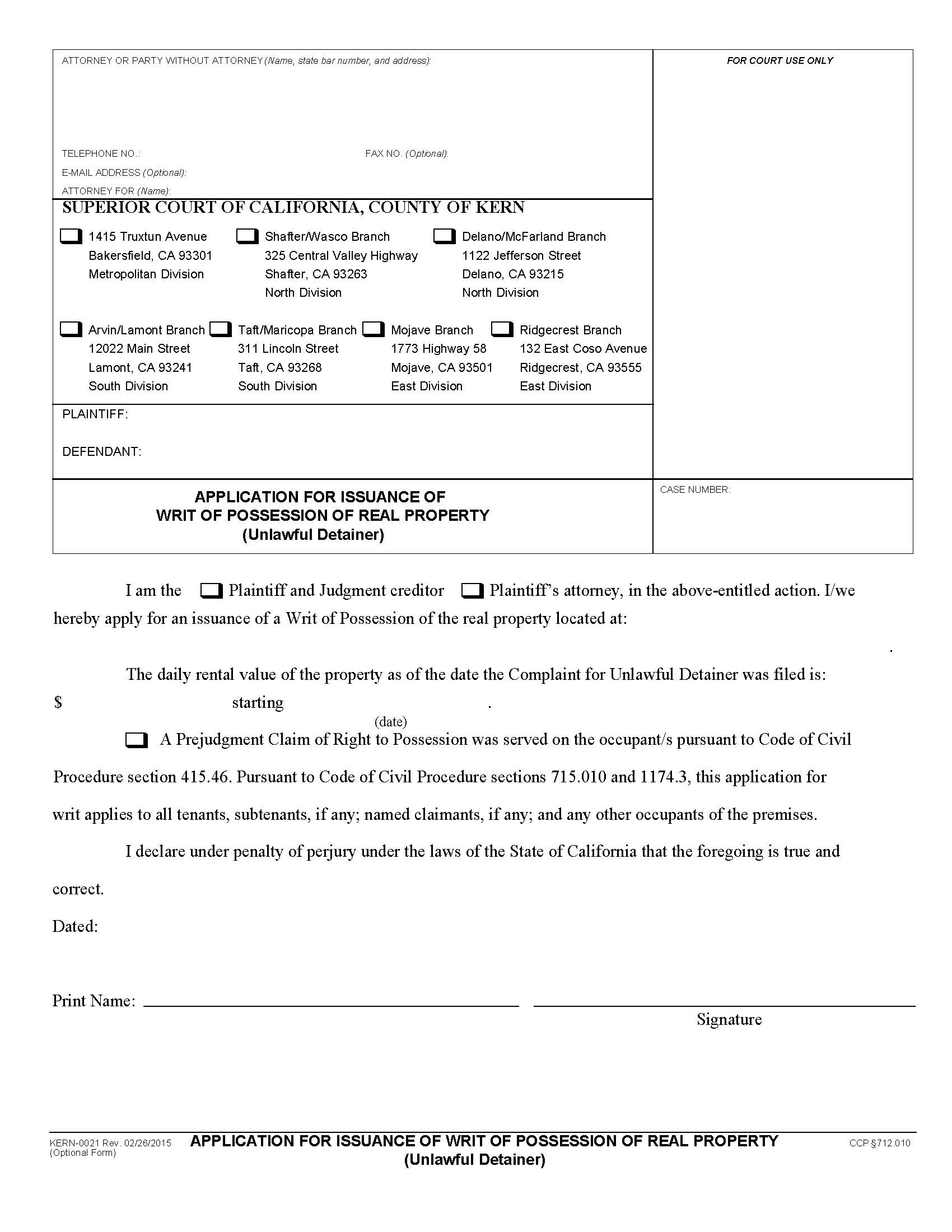Application For Issuance Of Writ Of Possession Of Real Property {KERN-0021} | Pdf Fpdf Docx | California