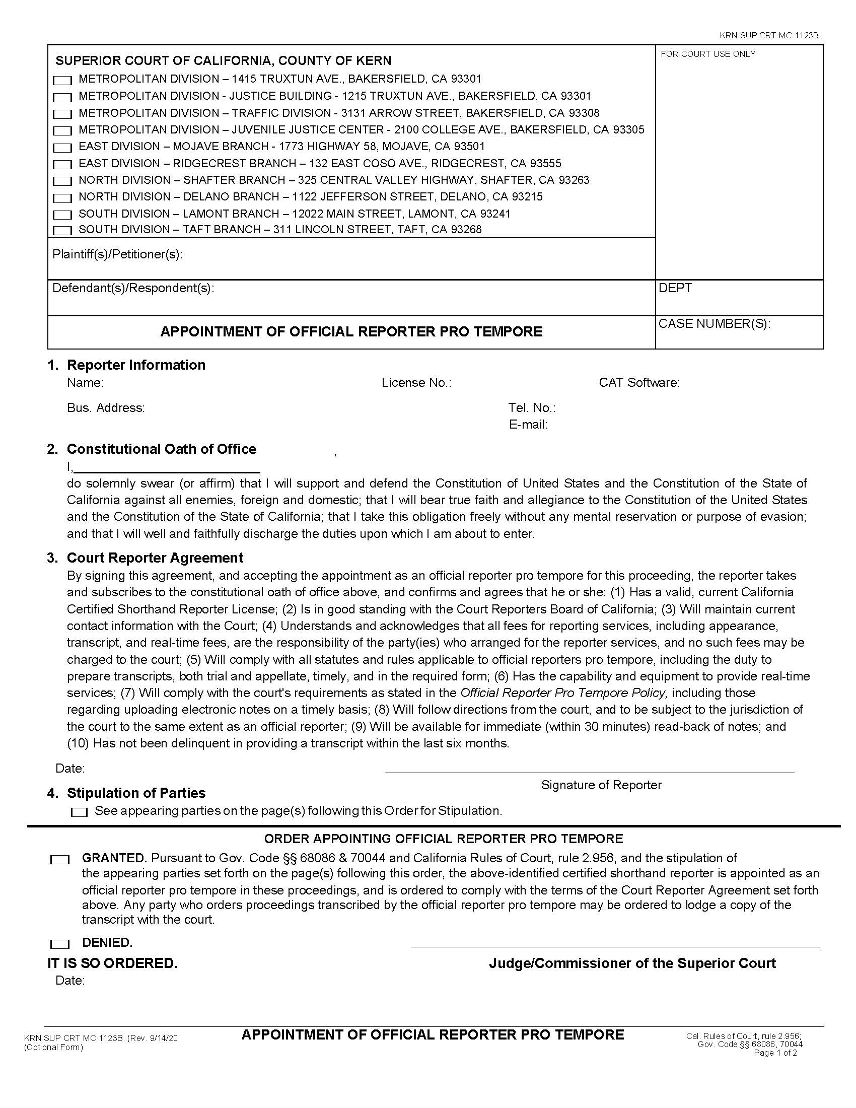 Appointment Of Official Reporter Pro Tempore {MC 1123B} | Pdf Fpdf Docx | California
