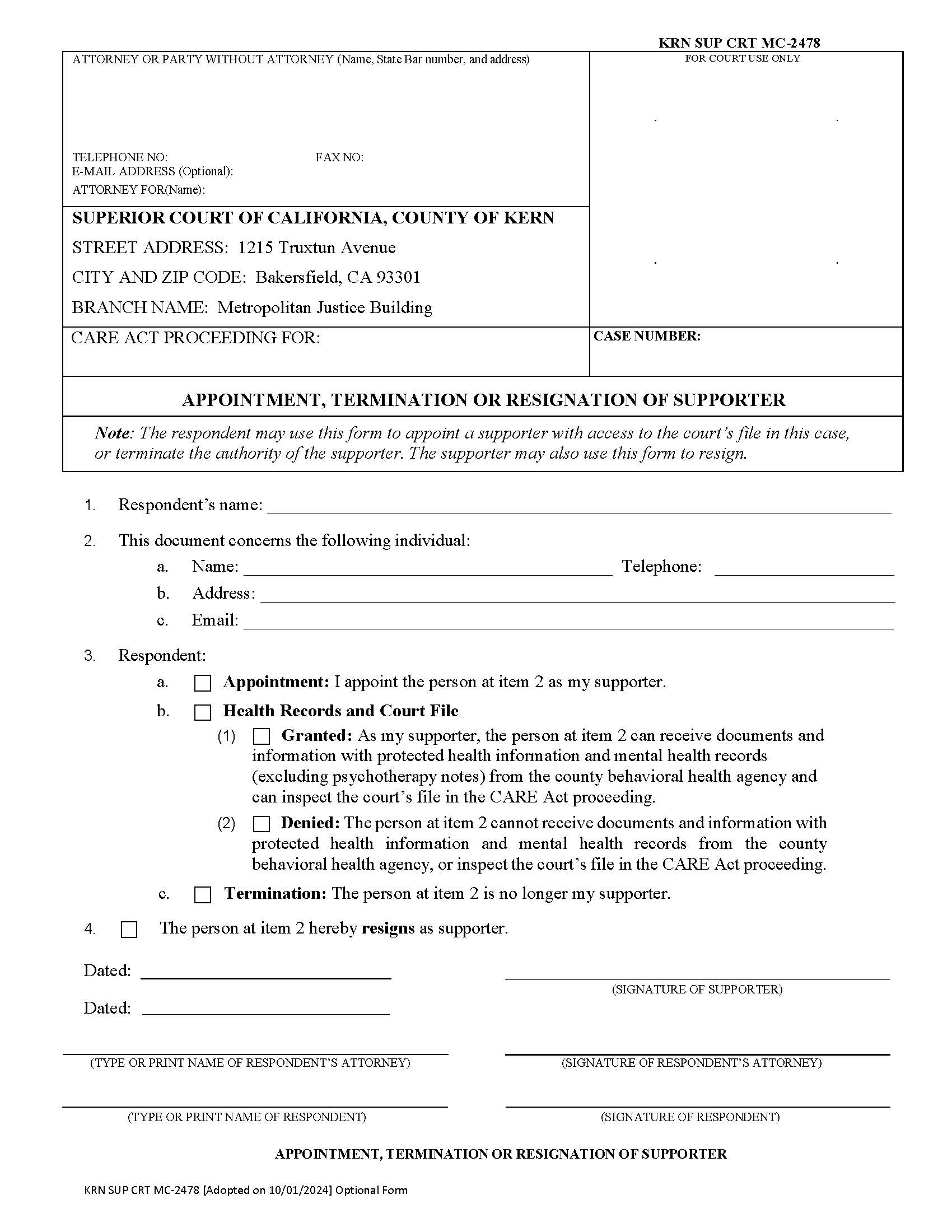 Appointment Termination Or Resignation Of Supporter {KRN SUP CRT MC-2478} | Pdf Fpdf Docx | California