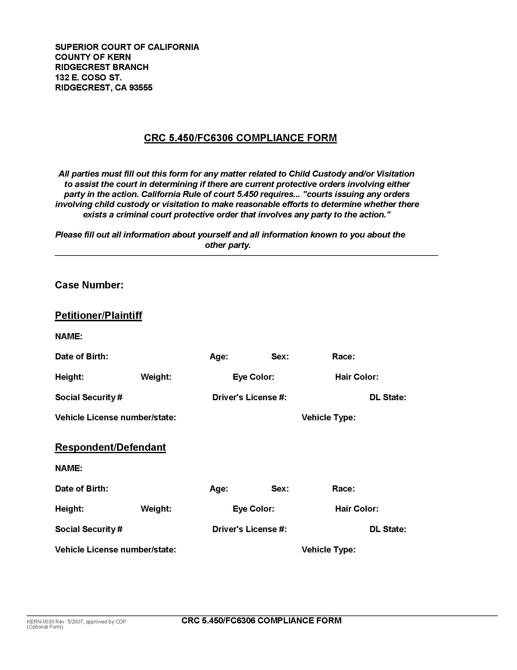 CRC 5.450-FC6306 Compliance Form {KERN-0030} | Pdf Fpdf Docx | California