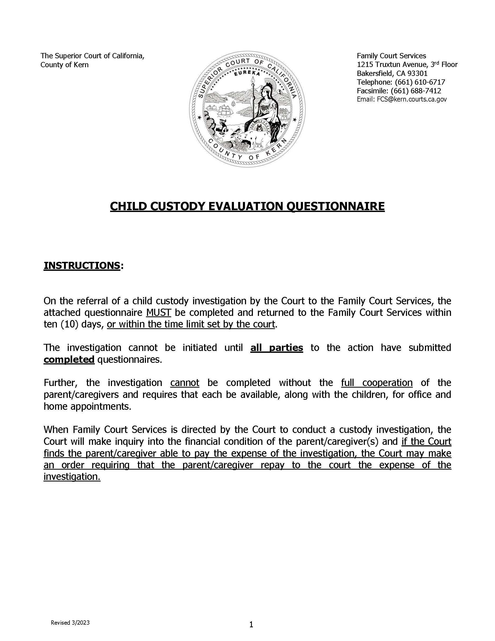 Child Custody (Evaluation) Questionnaire | Pdf Fpdf Docx | California