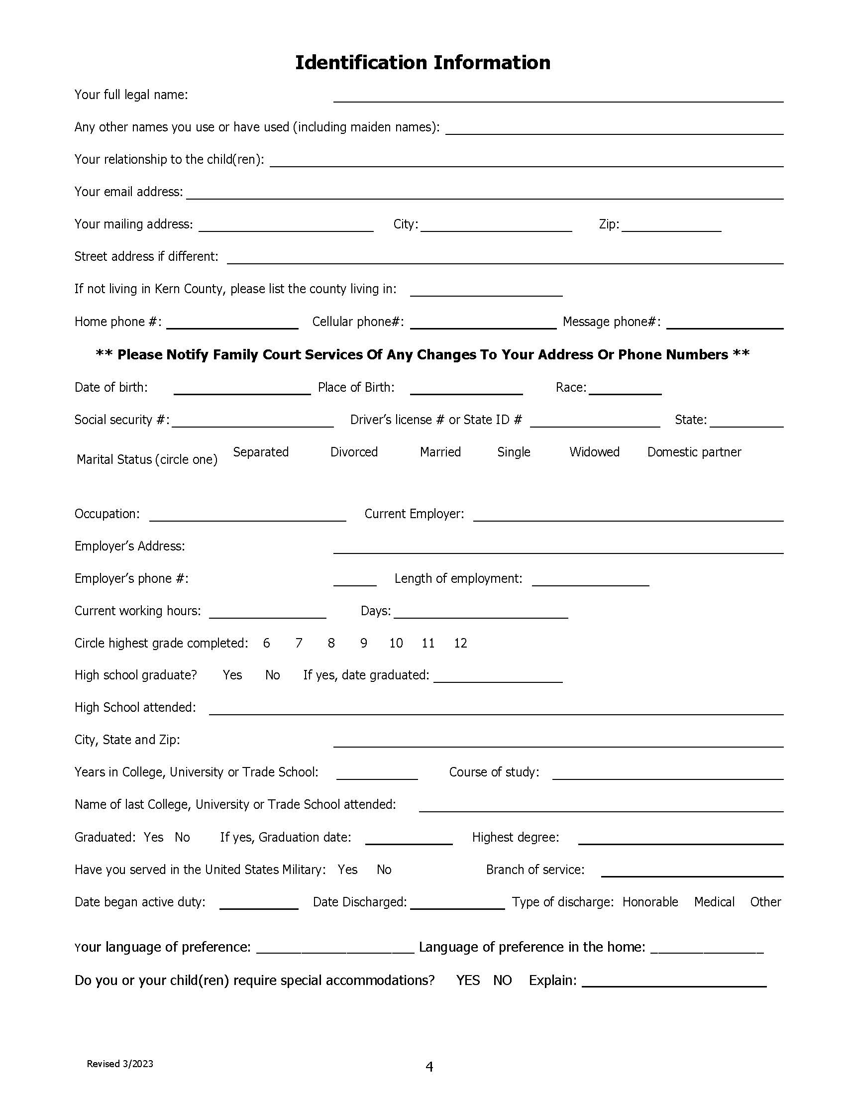 Child Custody (Evaluation) Questionnaire | Pdf Fpdf Docx | California