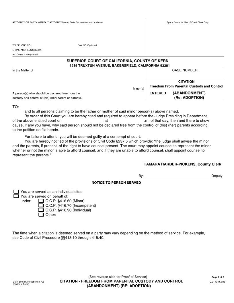 Citation-Freedom From Parental Custody And Control (Abandonment) (Re Adoption) | Pdf Fpdf Docx | California