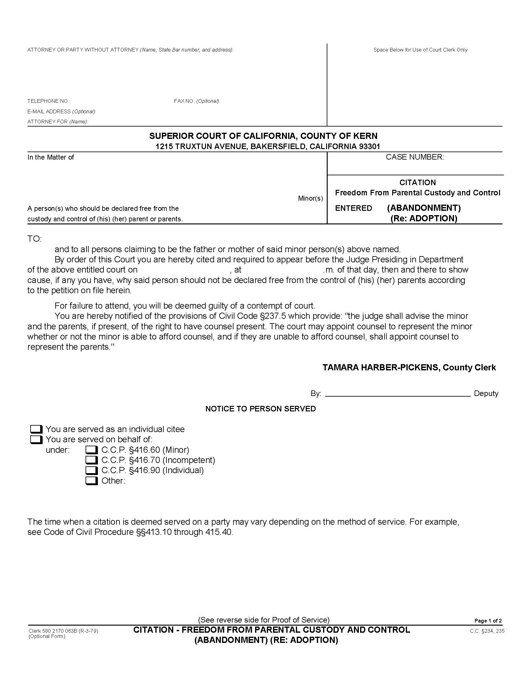 Citation-Freedom From Parental Custody And Control (Abandonment) (Re Adoption) | Pdf Fpdf Docx | California
