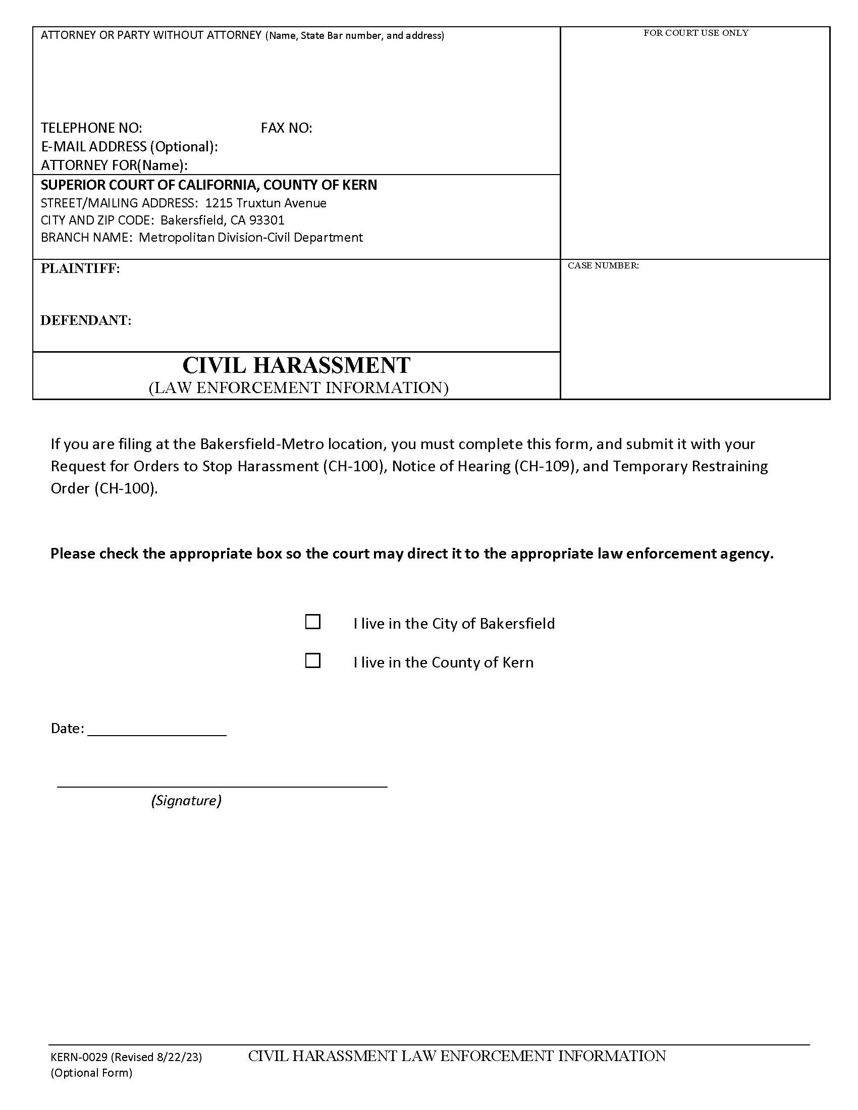 Civil Harassment Law Enforcement Information {KERN-0029} | Pdf Fpdf Docx | California