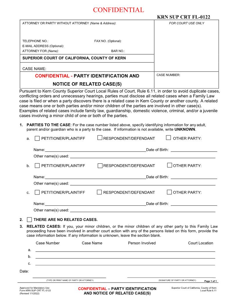 Confidential-Party Identification And Notice Of Related Case(s) {FL-0122} | Pdf Fpdf Docx | California