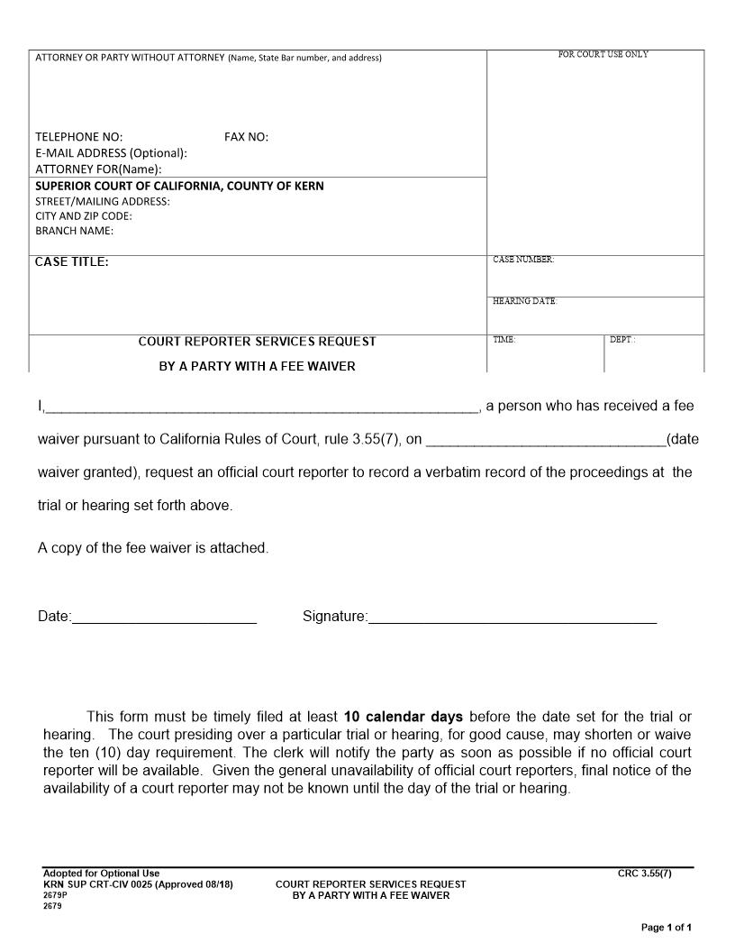 Court Reporter Services Request B A Party With A Fee Waiver {CRT-CIV 0025} | Pdf Fpdf Docx | California