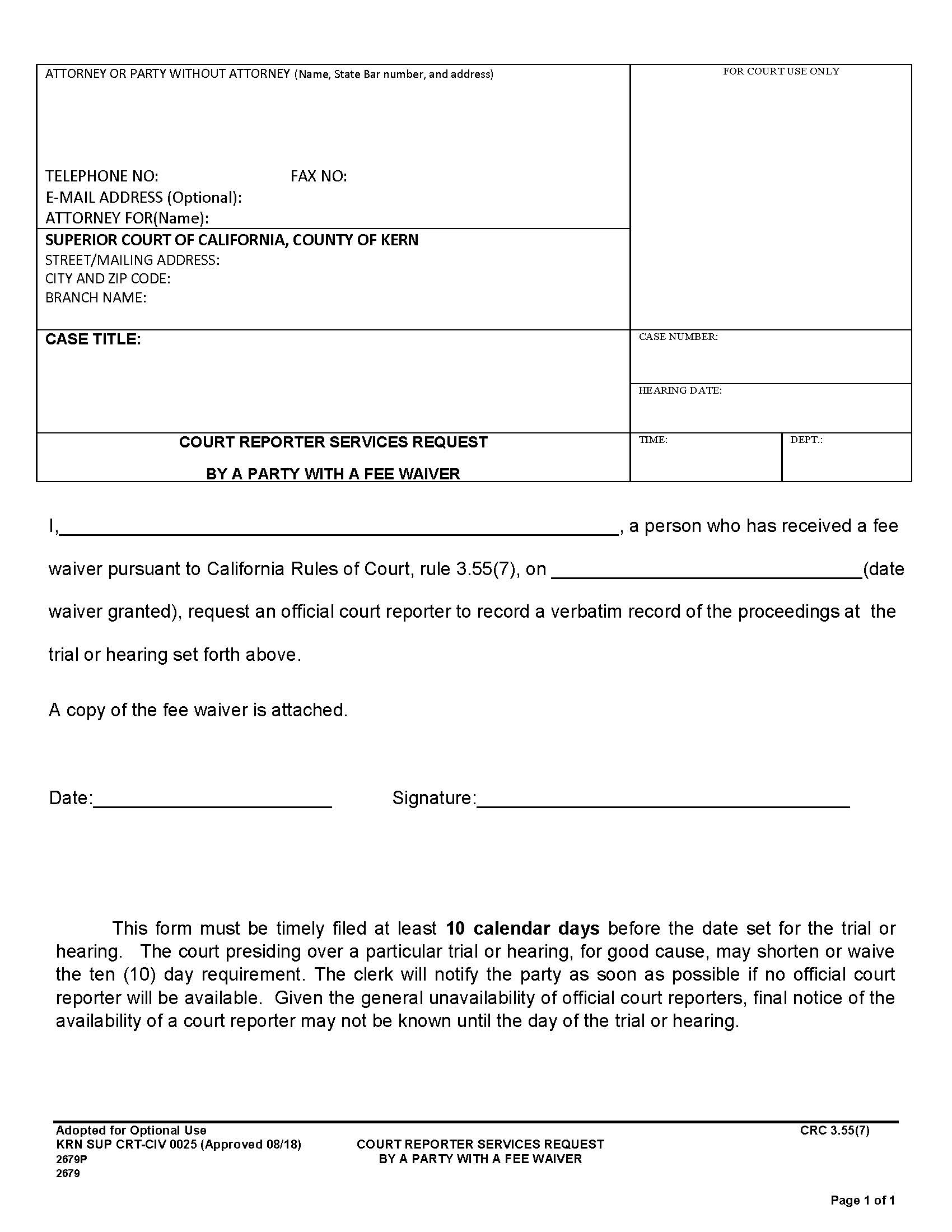 Court Reporter Services Request B A Party With A Fee Waiver {CRT-CIV 0025} | Pdf Fpdf Docx | California