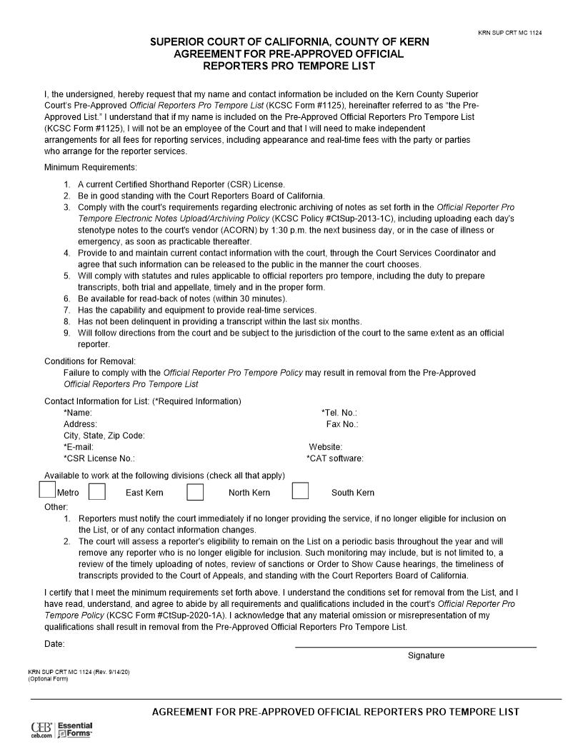 Court-Approved Official Reporter Pro Tempore Agreement {MC 1124} | Pdf Fpdf Docx | California