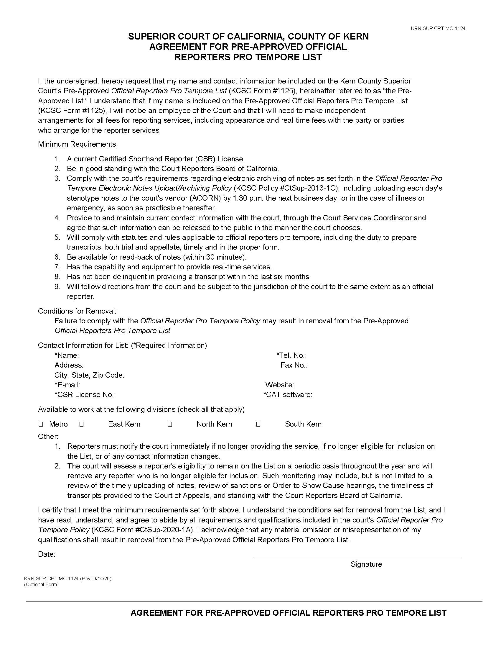 Court-Approved Official Reporter Pro Tempore Agreement {MC 1124} | Pdf Fpdf Docx | California
