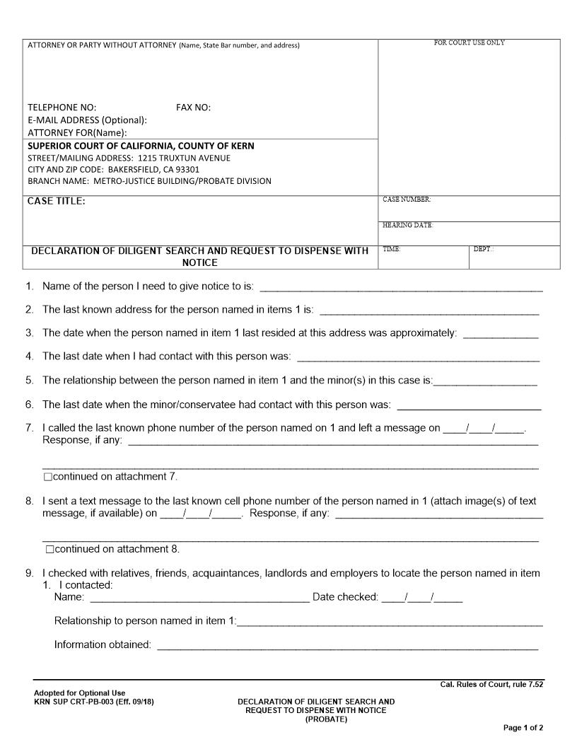 Declaration Of Diligent Search And Request To Dispense With Notice (Probate) {CRT-PB-003} | Pdf Fpdf Docx | California