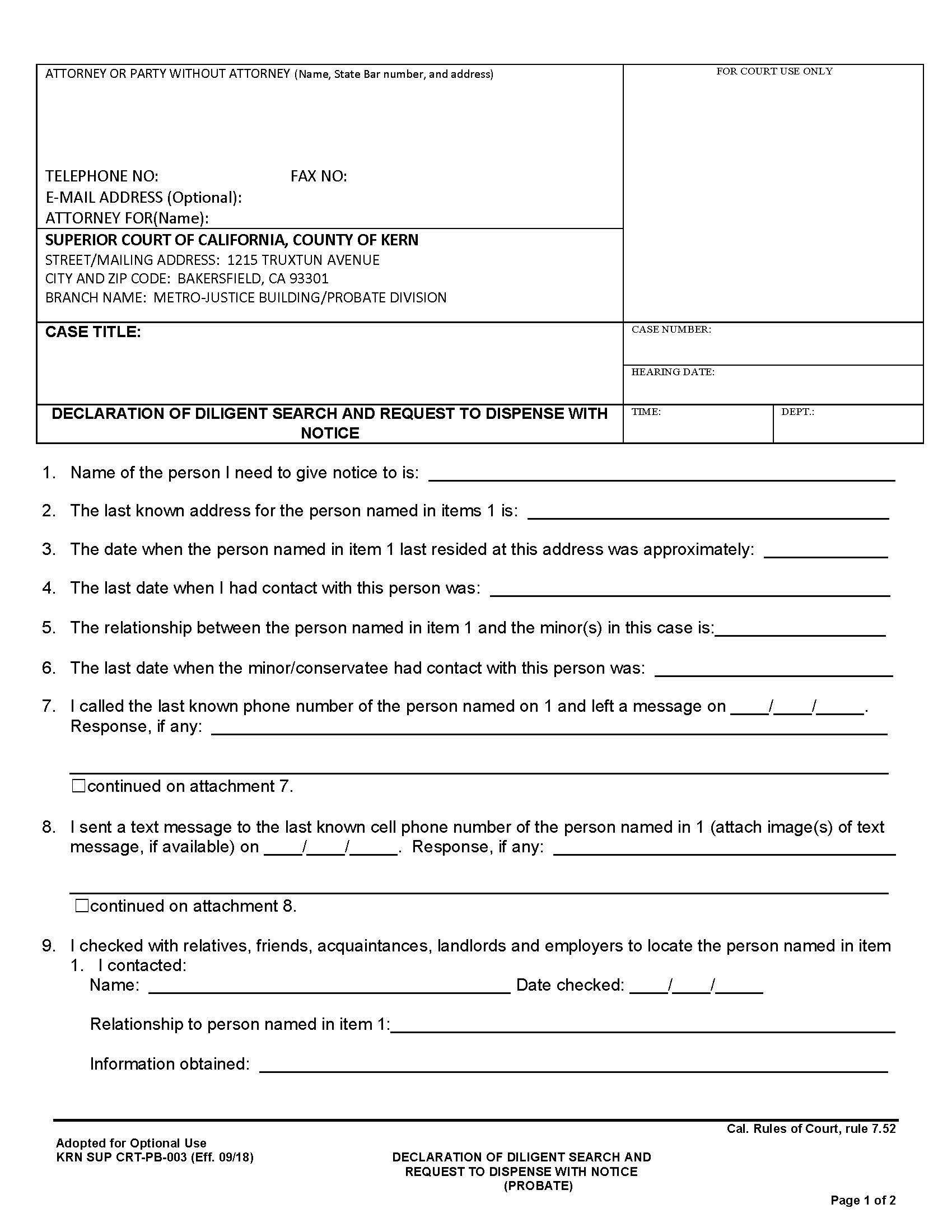 Declaration Of Diligent Search And Request To Dispense With Notice (Probate) {CRT-PB-003} | Pdf Fpdf Docx | California