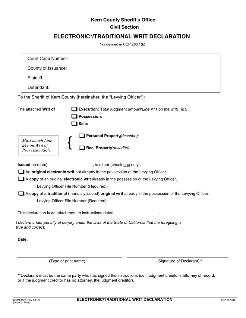 Electronic-Traditional Writ Declration {KERN-0028} | Pdf Fpdf Docx | California
