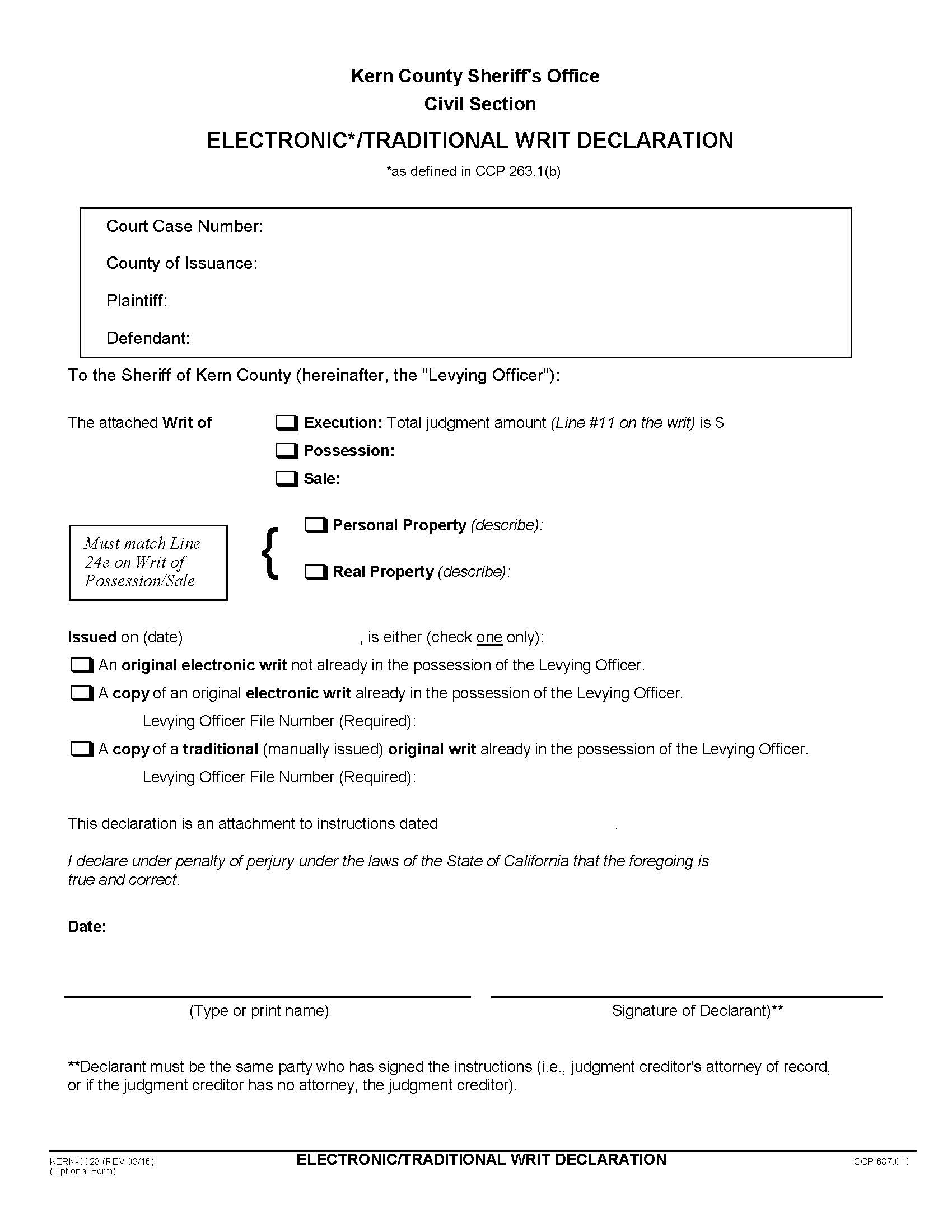 Electronic-Traditional Writ Declration {KERN-0028} | Pdf Fpdf Docx | California