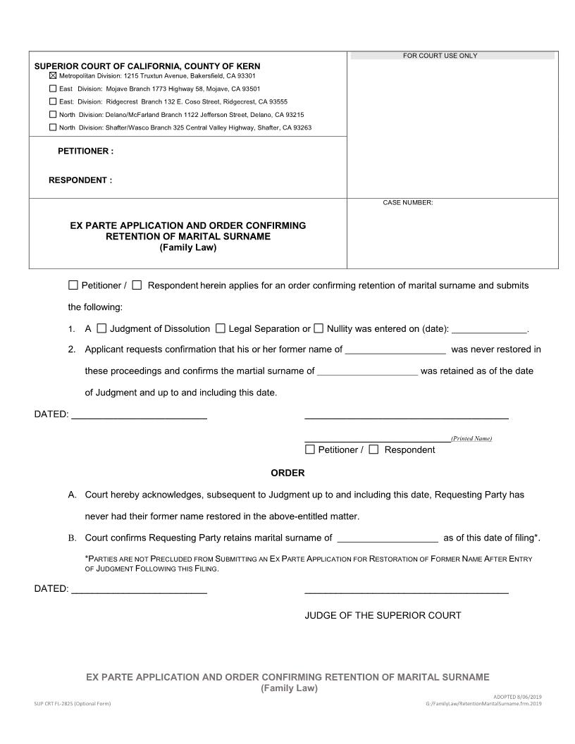 Ex Parte Application And Order Confirming Retention Of Marital Surname (Family Law) {FL-2825} | Pdf Fpdf Docx | California
