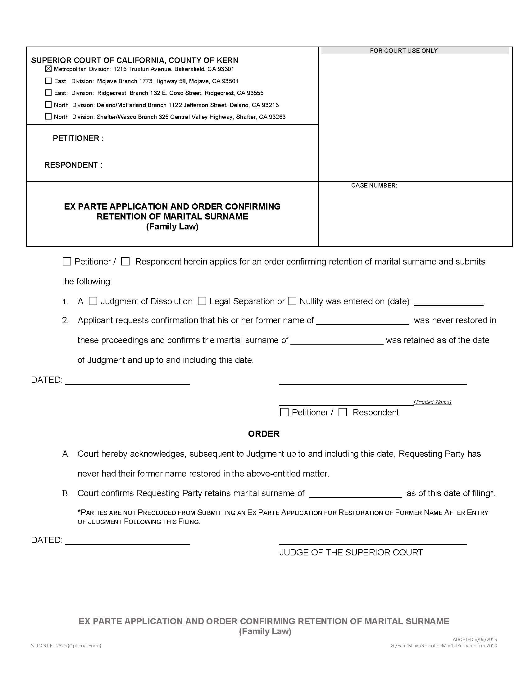 Ex Parte Application And Order Confirming Retention Of Marital Surname (Family Law) {FL-2825} | Pdf Fpdf Docx | California