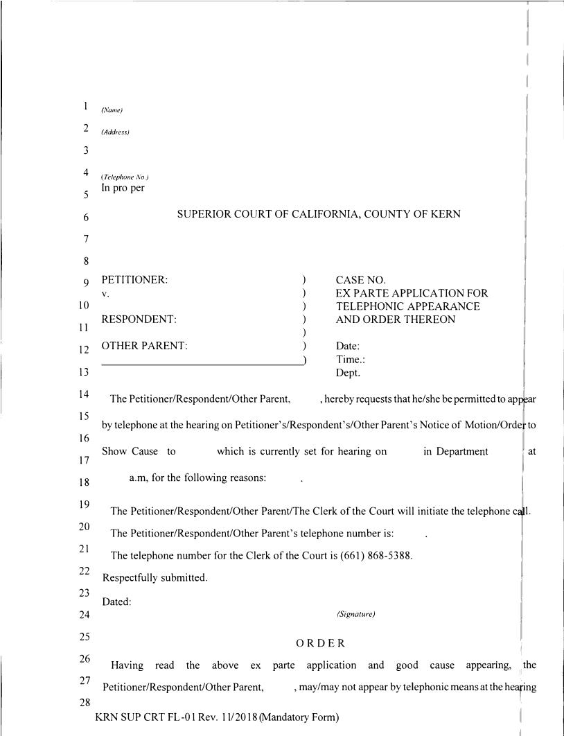 Ex Parte Application For Telephonic Appearance And Order Thereon {FL-01} | Pdf Fpdf Docx | California