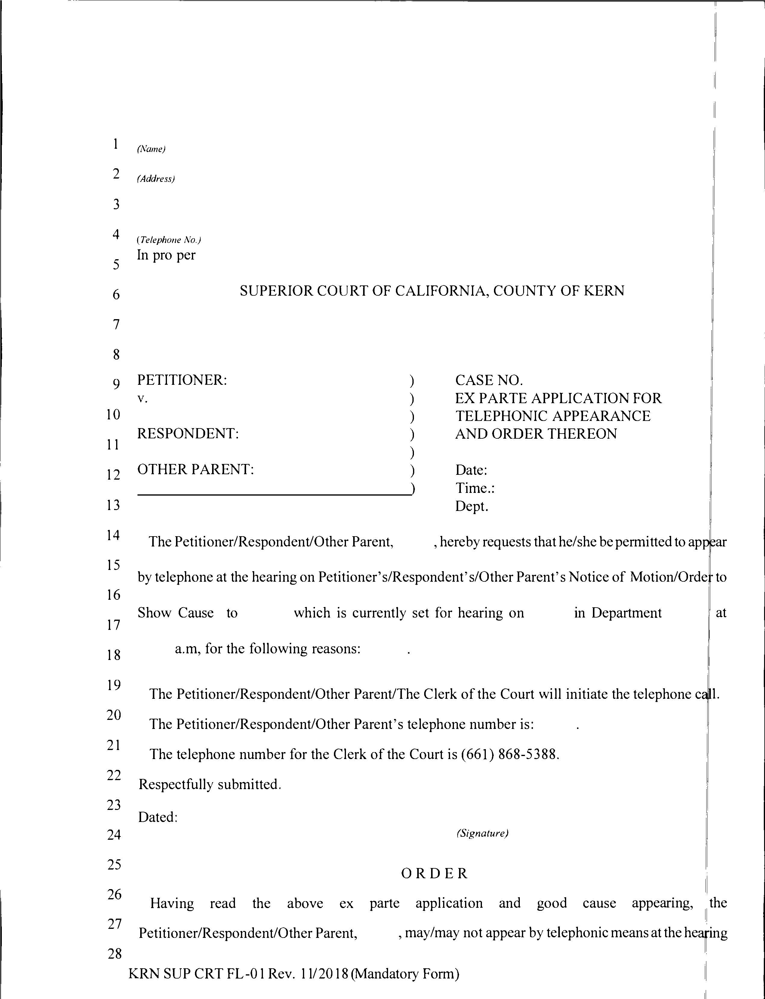 Ex Parte Application For Telephonic Appearance And Order Thereon {FL-01} | Pdf Fpdf Docx | California