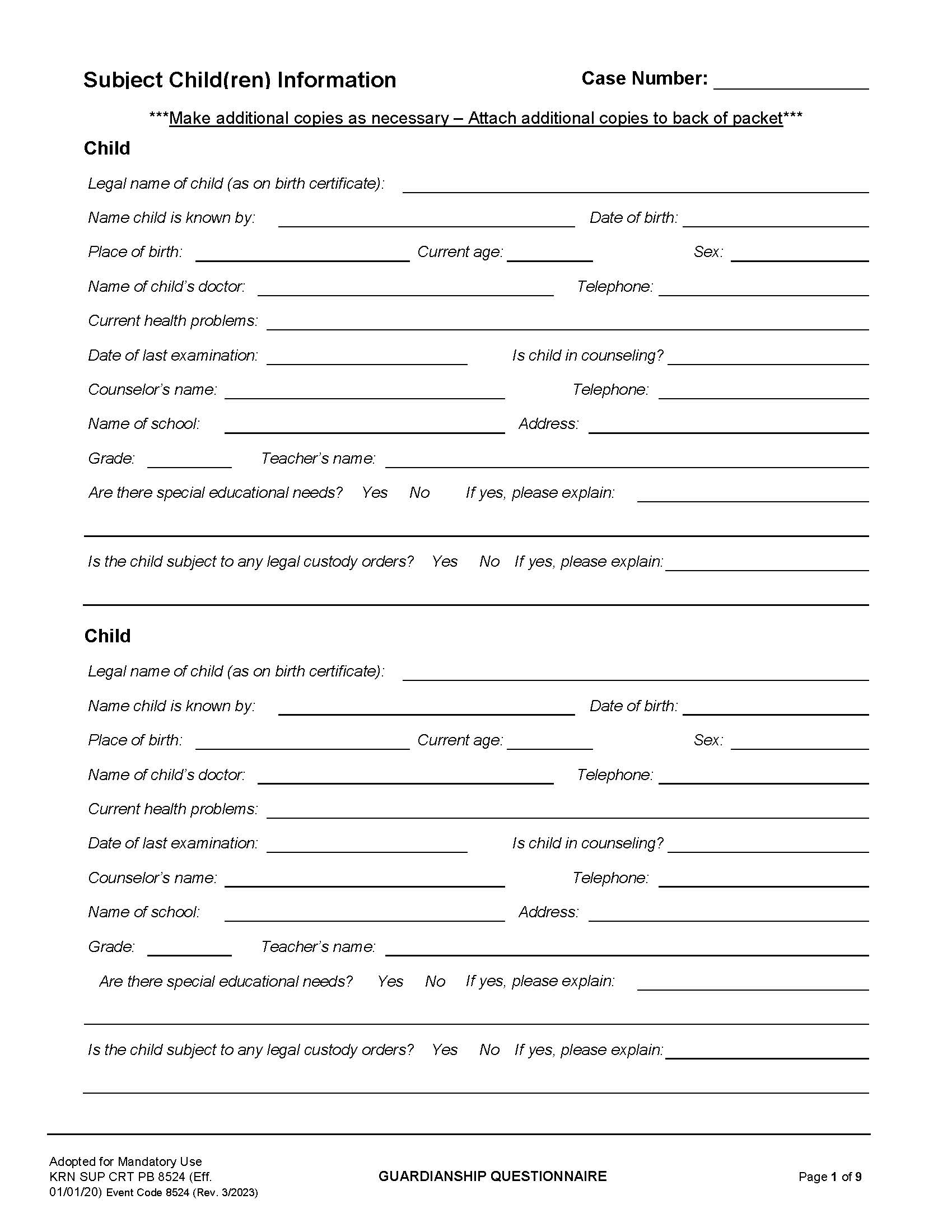 Guardianship Questionnaire {KRN SUP CRT PB-8524} | Pdf Fpdf Docx | California