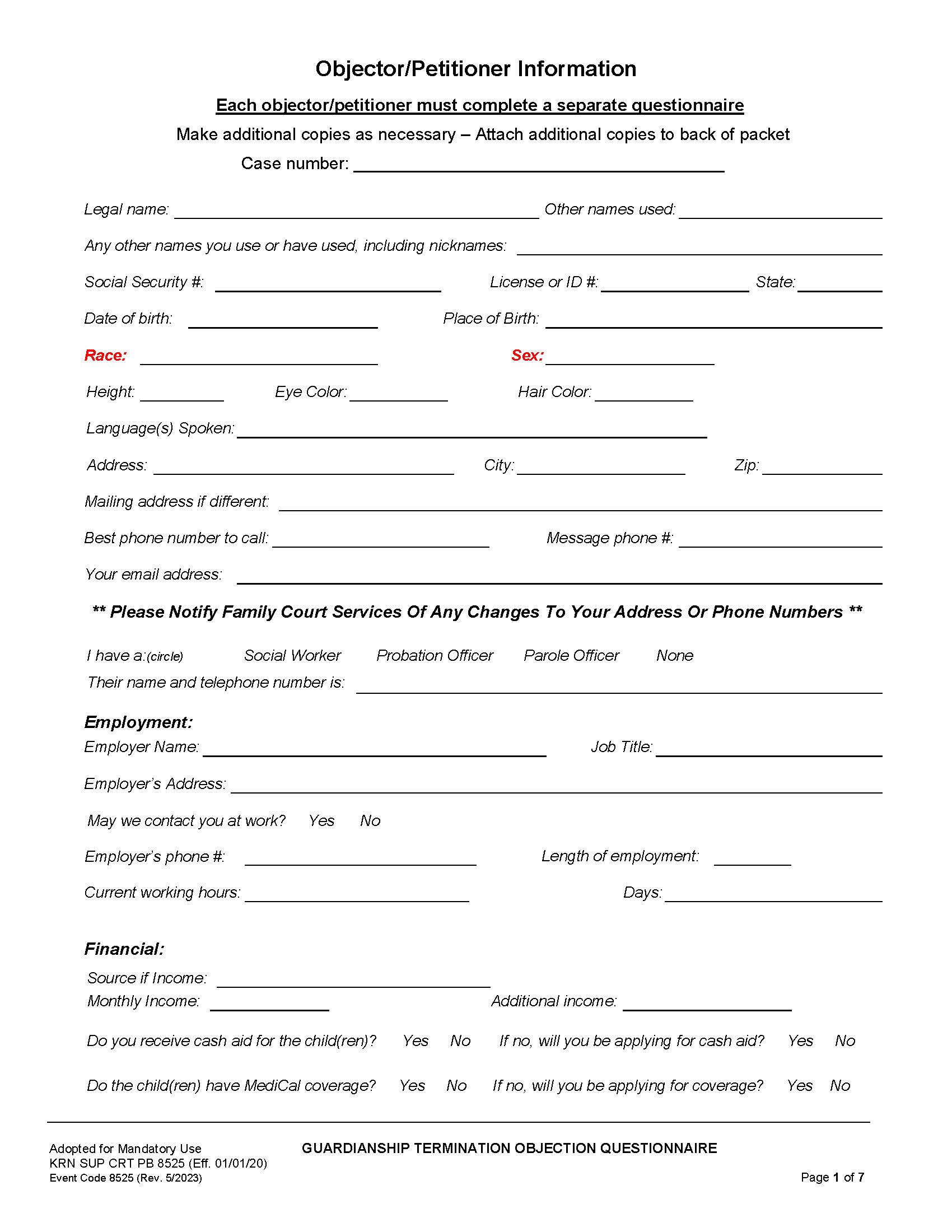 Guardianship Termination Objection Questionnaire {KRN SUP CRT PB-8525} | Pdf Fpdf Docx | California