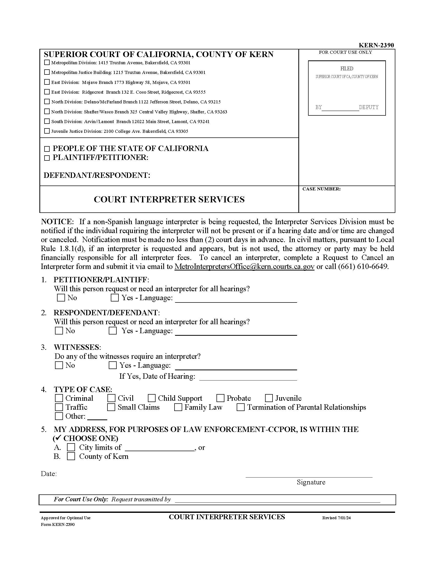 Interpreter Request Form (Court Interpreter Services) {KERN-2390} | Pdf Fpdf Doc Docx | California