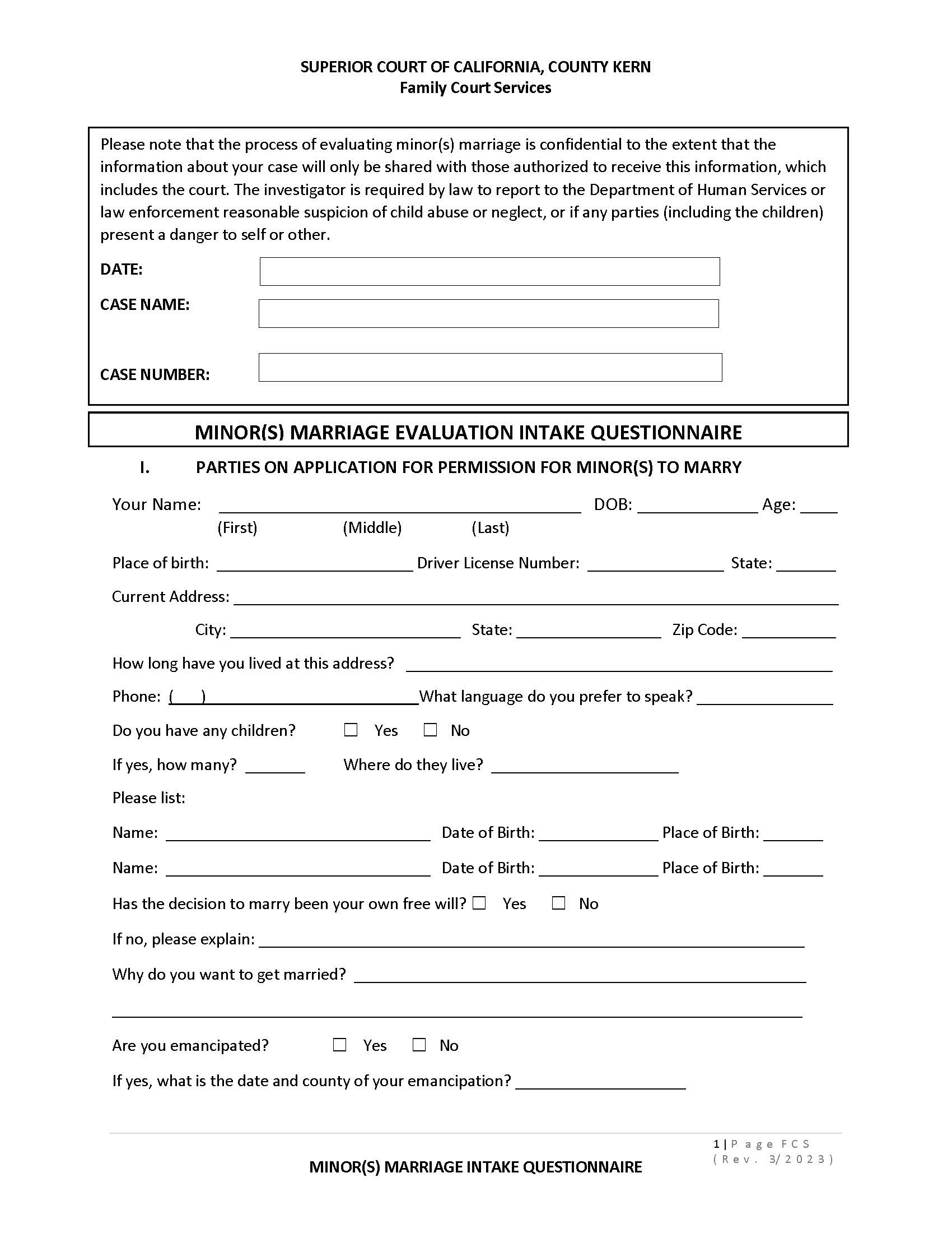 Minor Marriages Questionnaire | Pdf Fpdf Docx | California