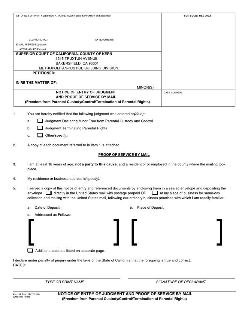 Notice Of Entry Of Judgment And Proof Of Service By Mail {KN-151} | Pdf Fpdf Docx | California