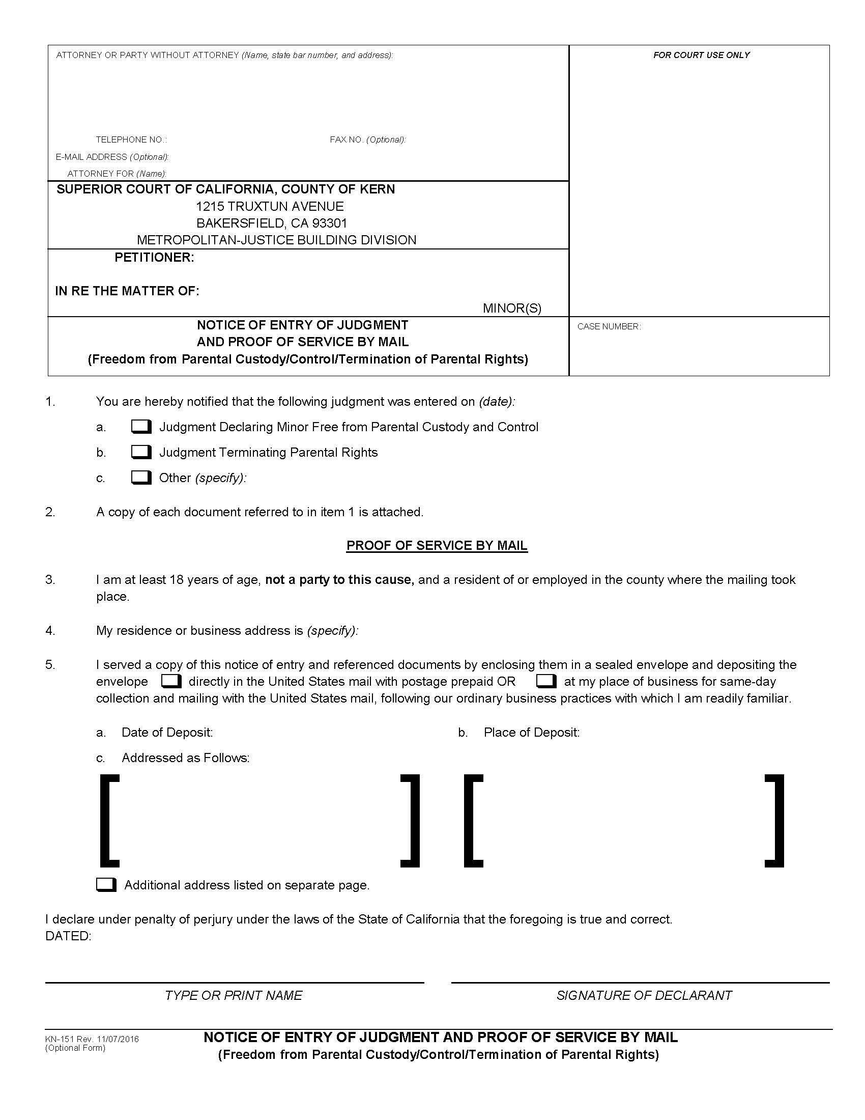 Notice Of Entry Of Judgment And Proof Of Service By Mail {KN-151} | Pdf Fpdf Docx | California