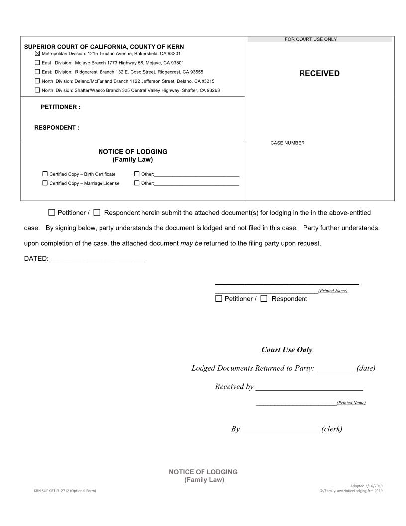 Notice Of Lodging (Family Law) {FL-2712} | Pdf Fpdf Docx | California