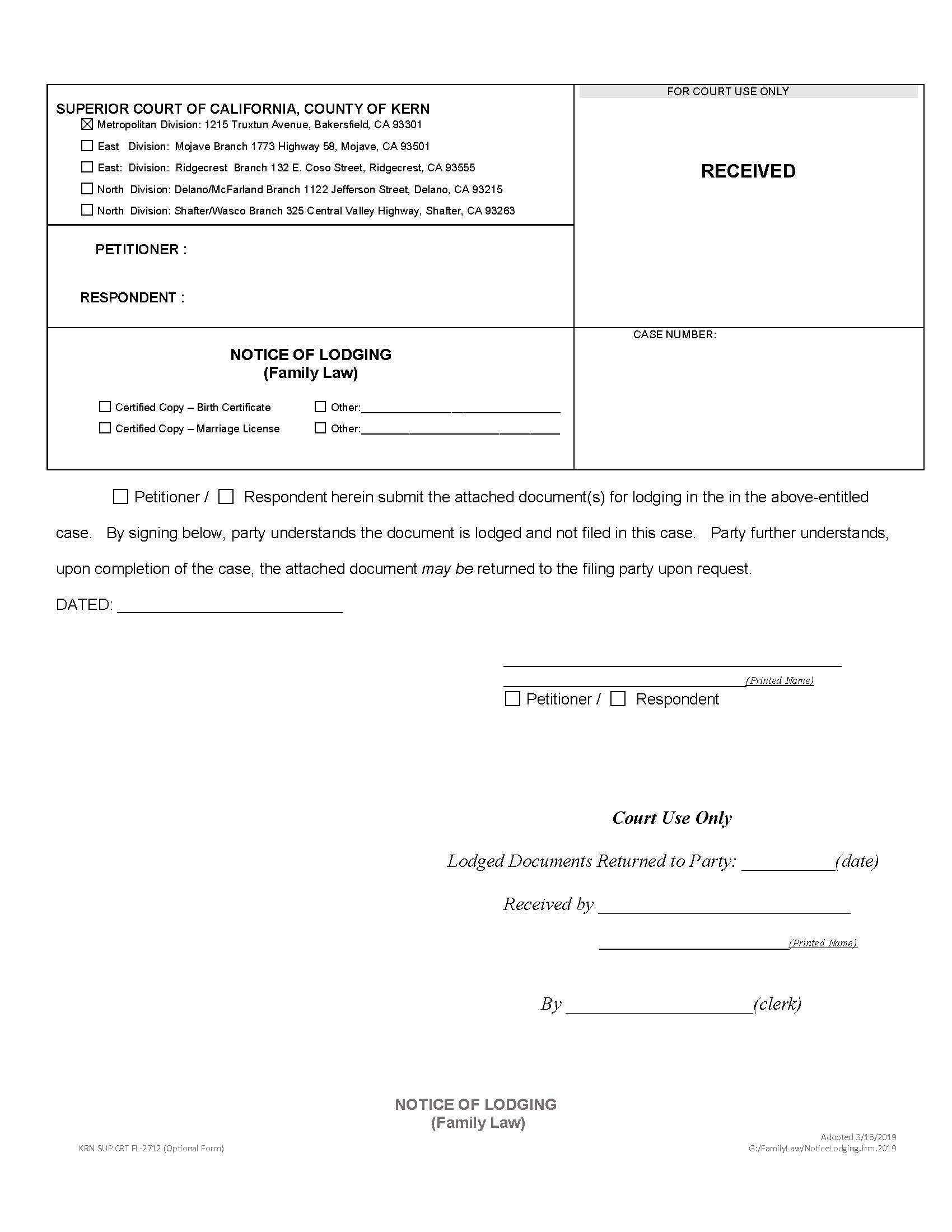 Notice Of Lodging (Family Law) {FL-2712} | Pdf Fpdf Docx | California