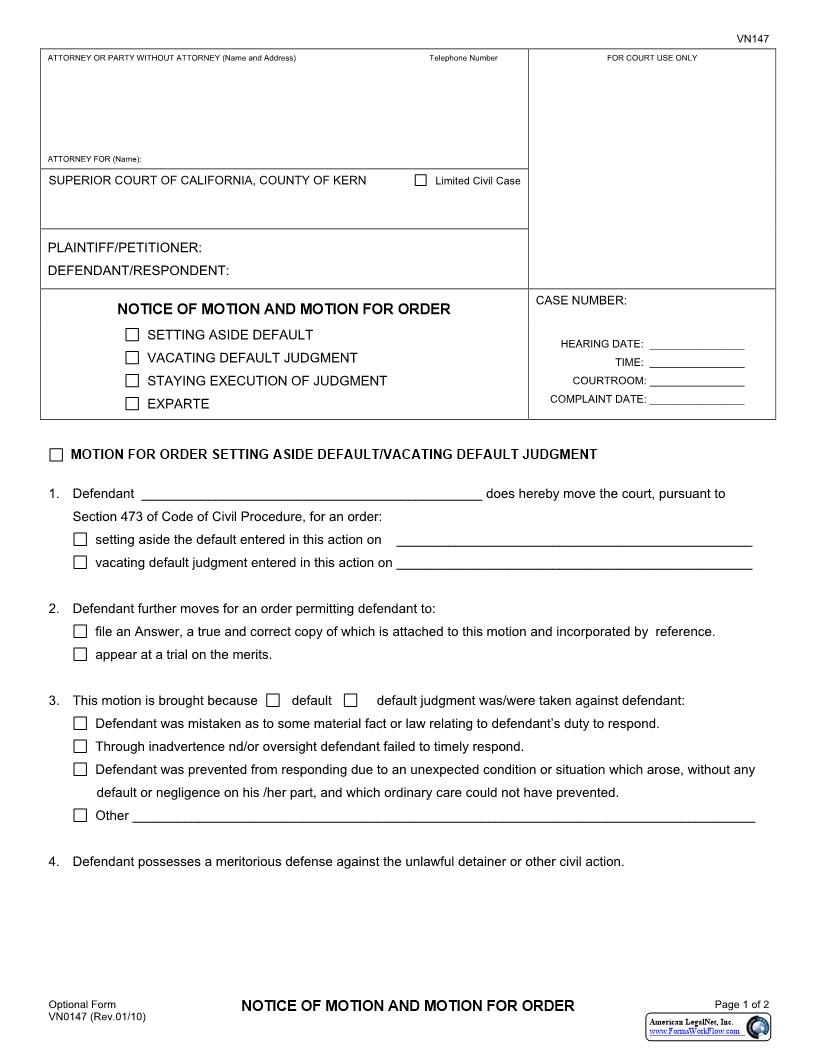 Notice Of Motion And Motion For Order Vacating Default | Pdf Fpdf Docx | California