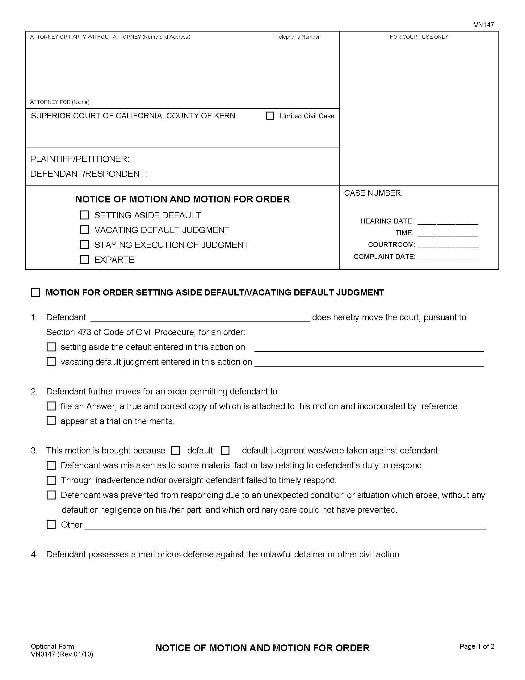 Notice Of Motion And Motion For Order Vacating Default | Pdf Fpdf Docx | California