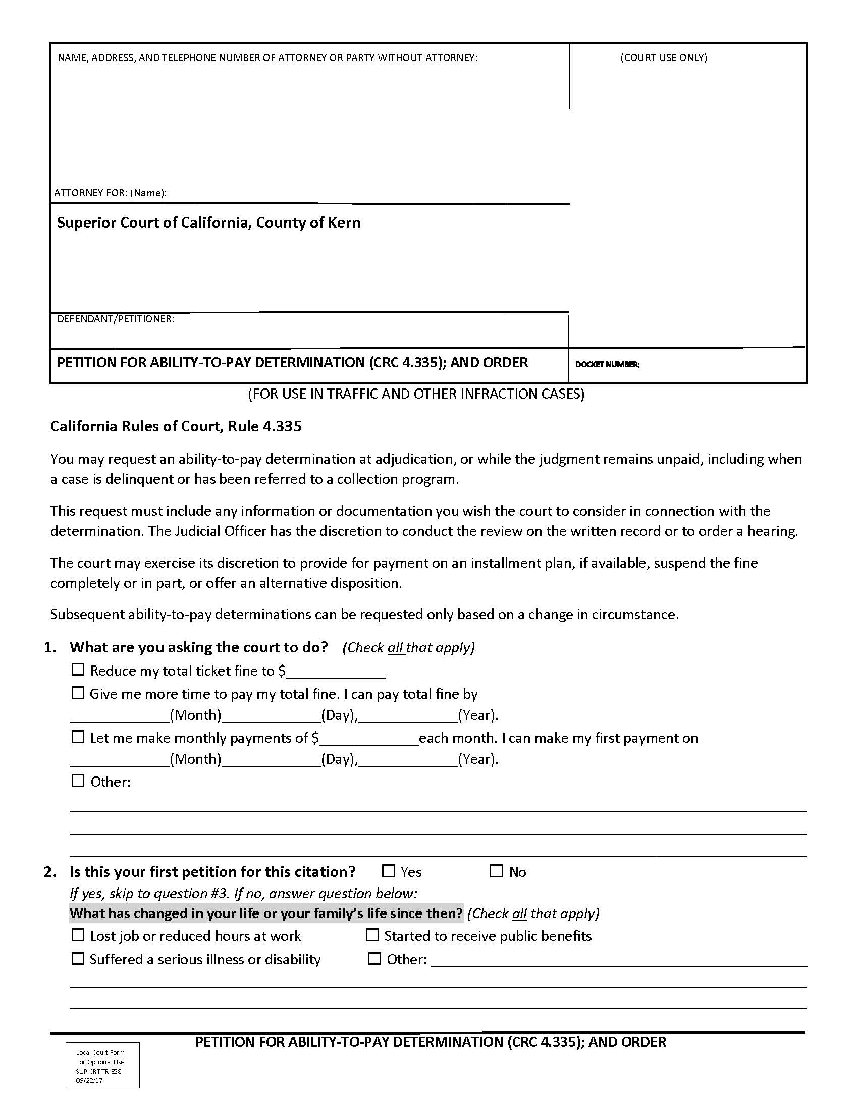 Petition For Ability-To-Pay Determination (CRC 4.335) And Order {TR 358} | Pdf Fpdf Docx | California