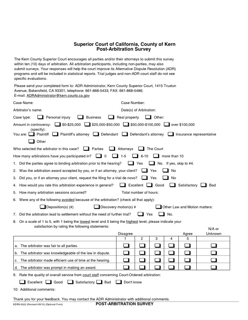 Post-Arbitration Survey {KERN-0022} | Pdf Fpdf Docx | California
