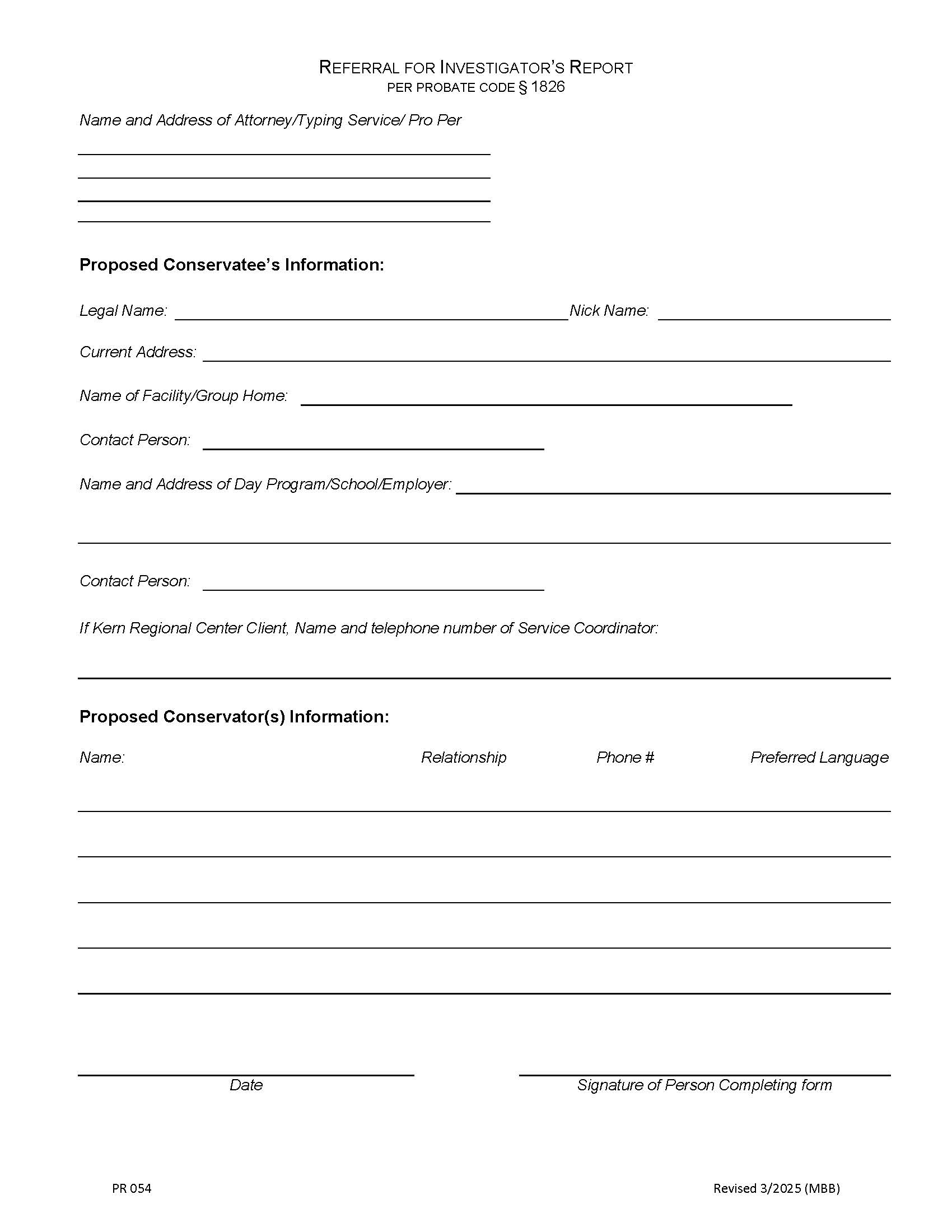 Referral For Investigators Report {PR 054} | Pdf Fpdf Docx | California