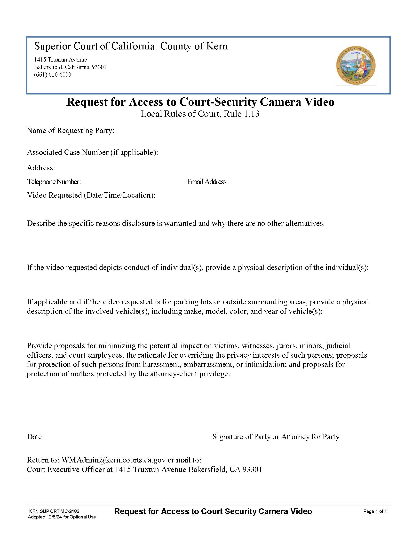 Request For Access To Court Security Camera Video {KRN SUP CRT MC-2486} | Pdf Fpdf Docx | California