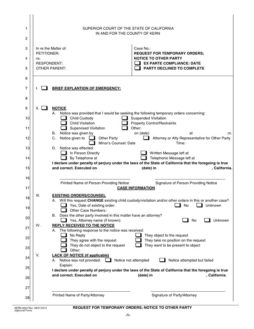 Request For Temporary Orders-Notice To Other Party {KERN-0023} | Pdf Fpdf Docx | California