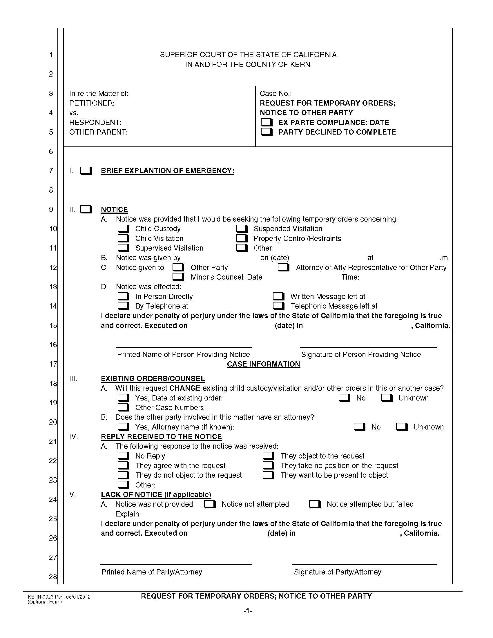 Request For Temporary Orders-Notice To Other Party {KERN-0023} | Pdf Fpdf Docx | California