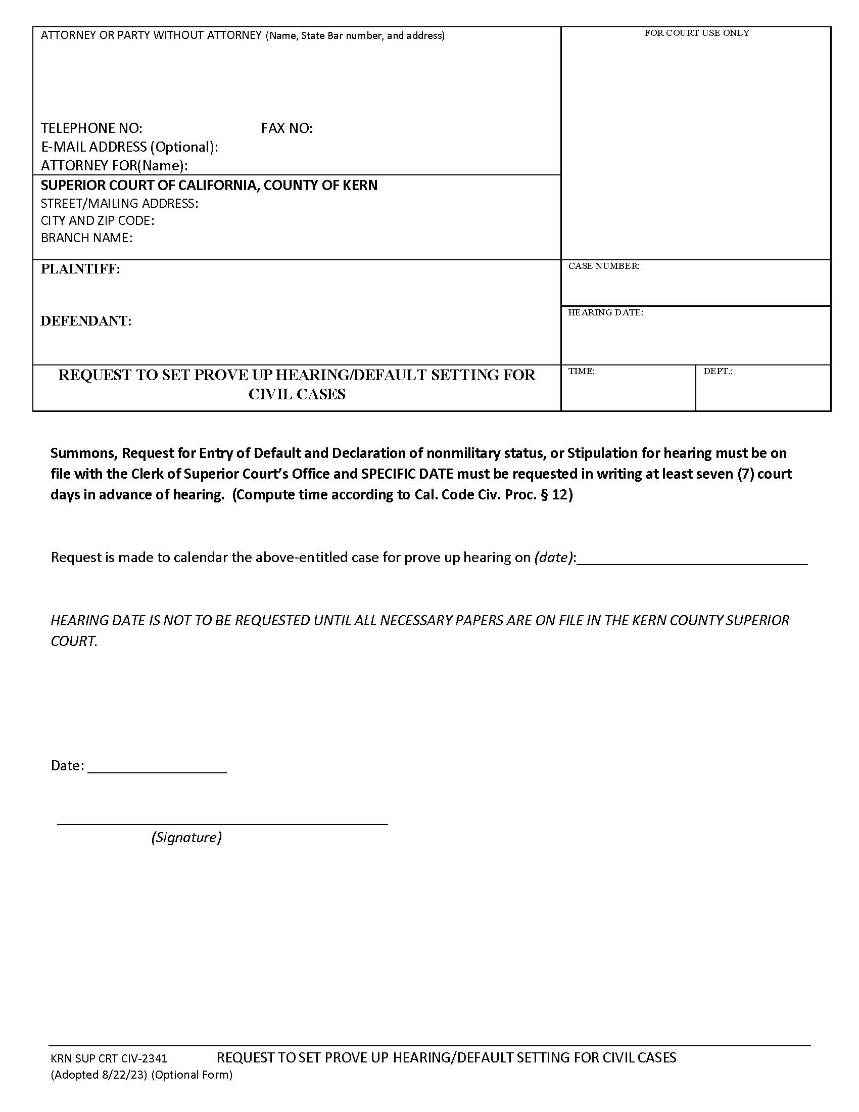 Request To Set Prove Up Hearing-Default Setting For Civil Cases {KRN SUP CRT CIV-2341} | Pdf Fpdf Docx | California