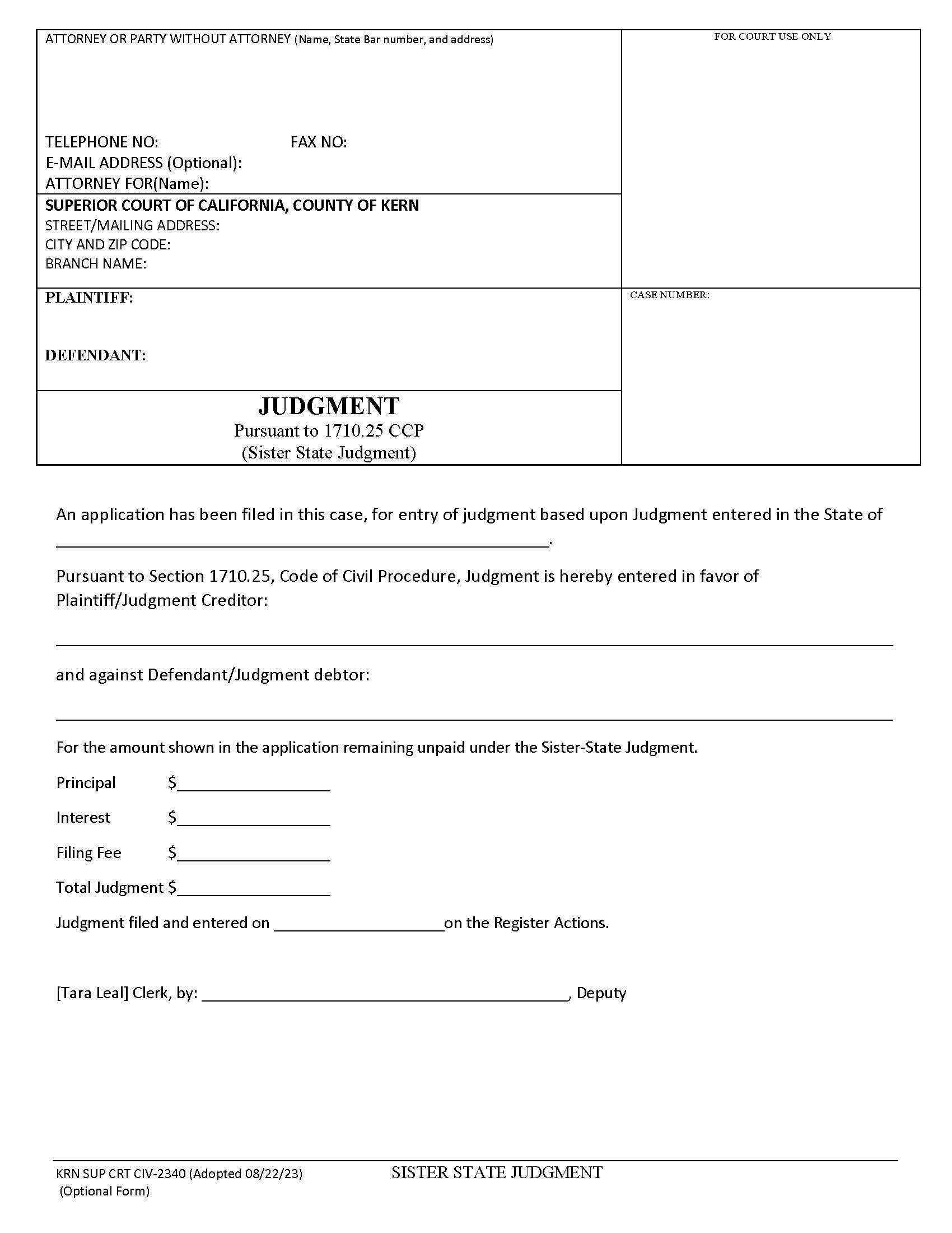 Sister State Judgment {KRN SUP CRT CIV-2340} | Pdf Fpdf Docx | California