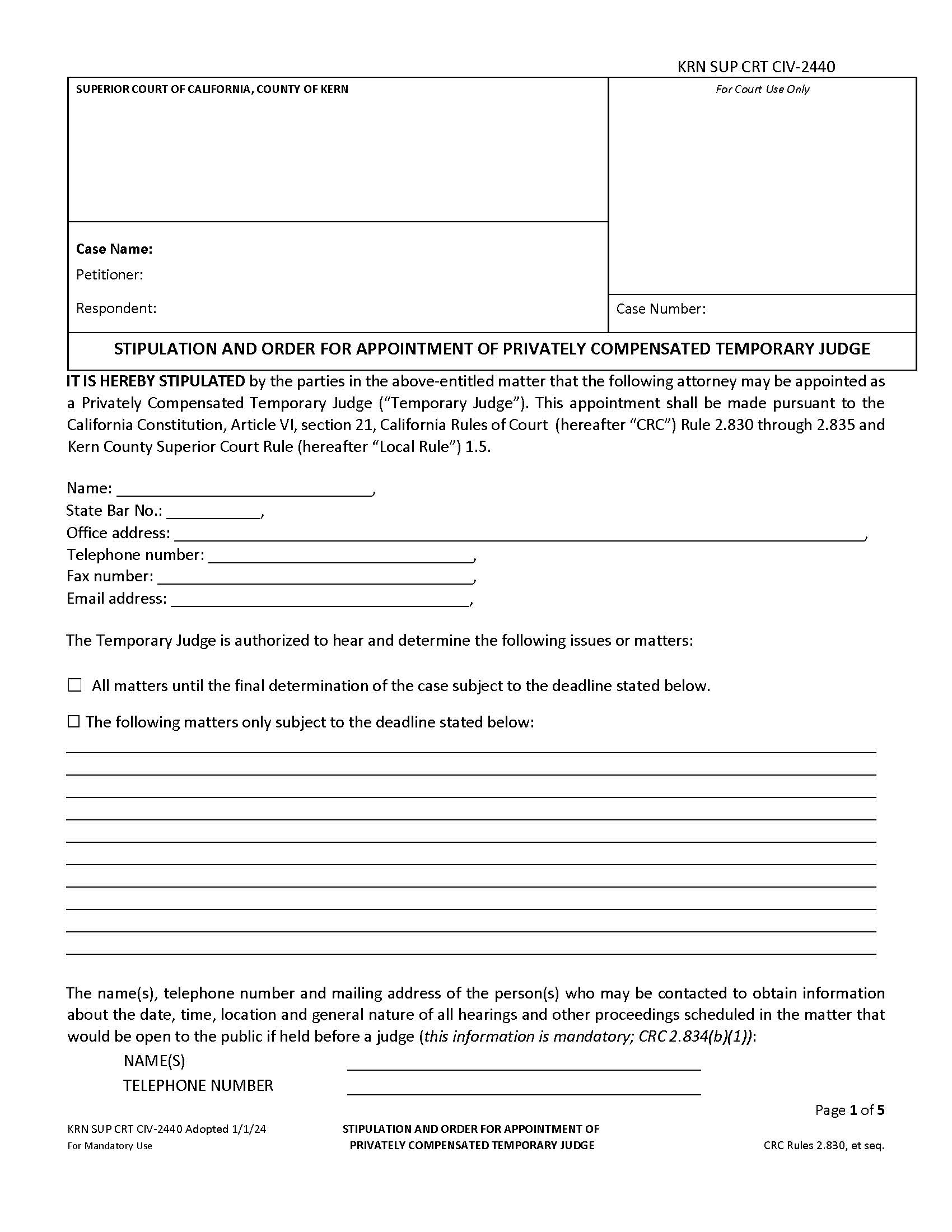 Stipulation And Order For Appointment Of Privately Compensated Temporary Judge {KRN SUP CRT CIV-2440} | Pdf Fpdf Docx | California