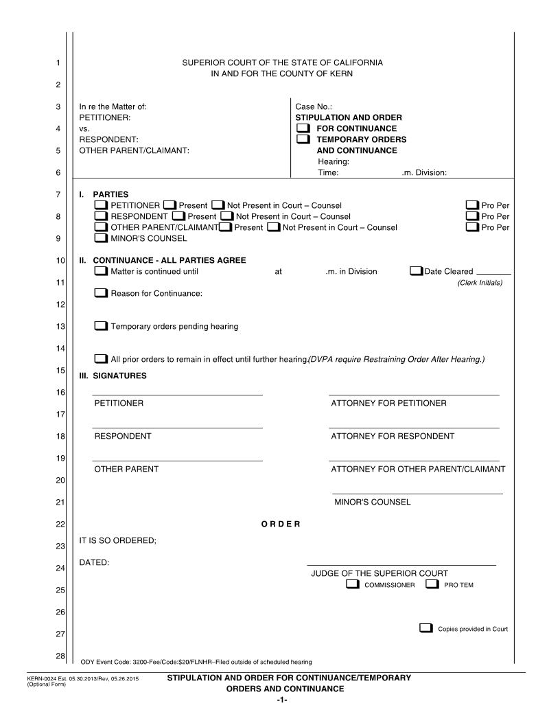 Stipulation And Order For Continuance-Temporary Orders And Continuance {KERN-0024} | Pdf Fpdf Docx | California