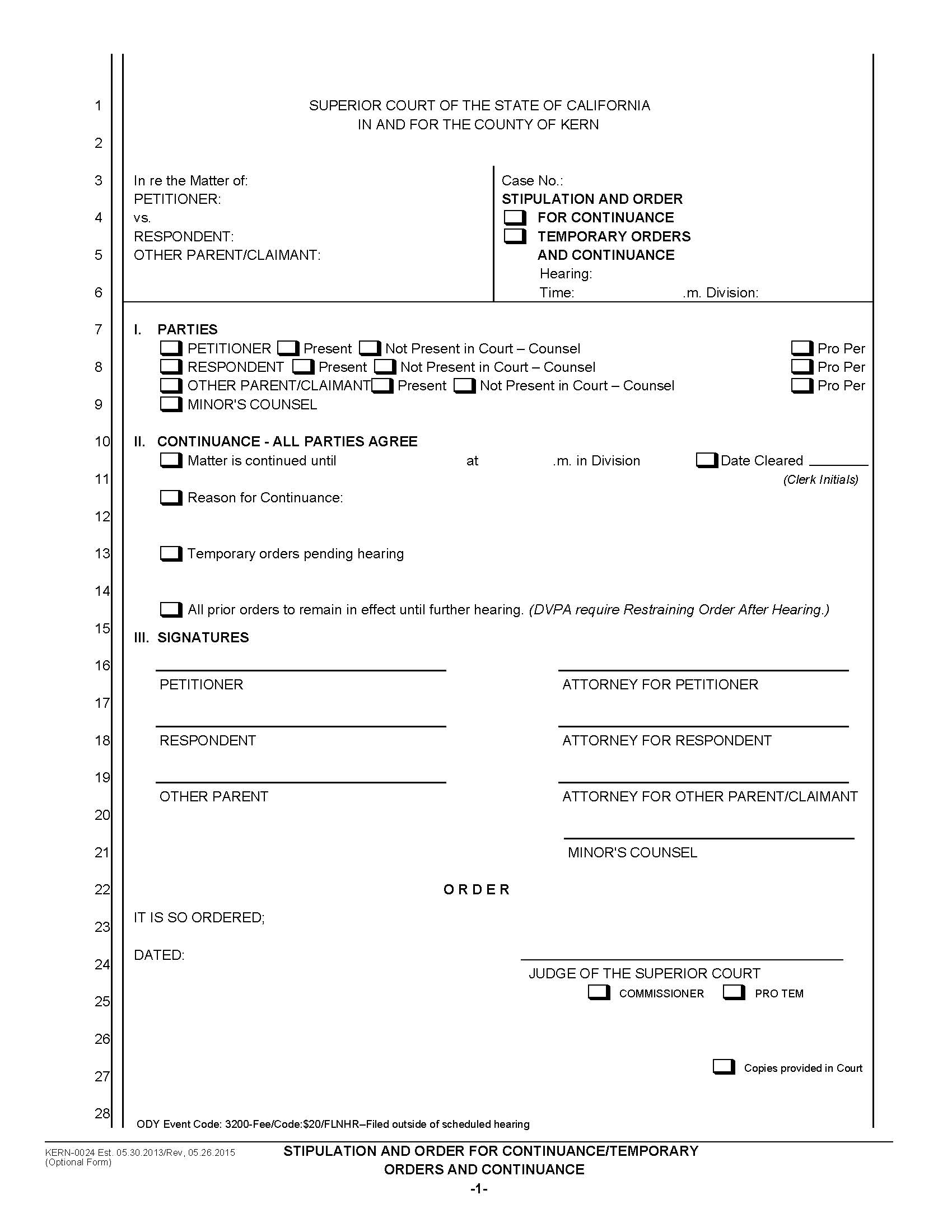Stipulation And Order For Continuance-Temporary Orders And Continuance {KERN-0024} | Pdf Fpdf Docx | California